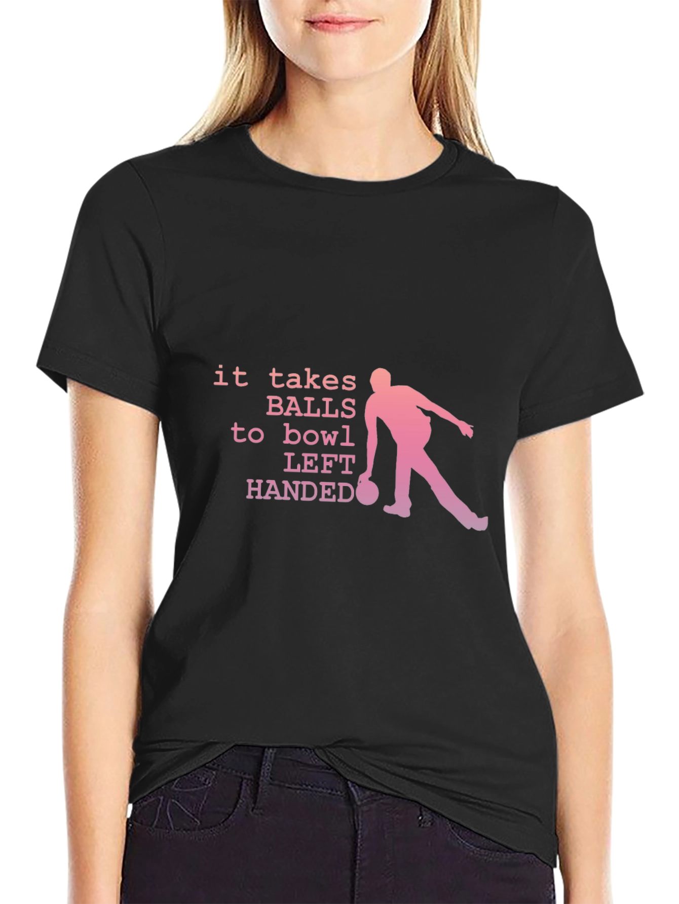 Black Funny Bowling T-Shirt - Left Handed Bowler Tee view 2