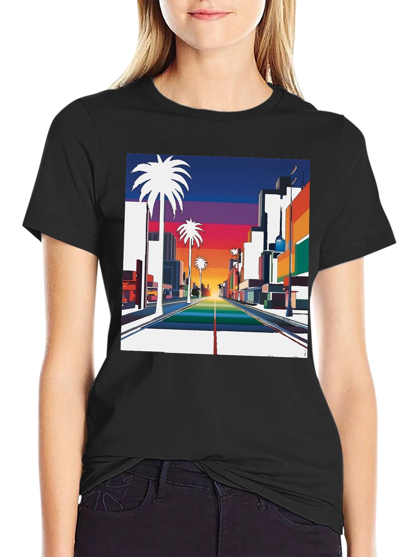 Black Retro Palm Tree Sunset T-Shirt view 2