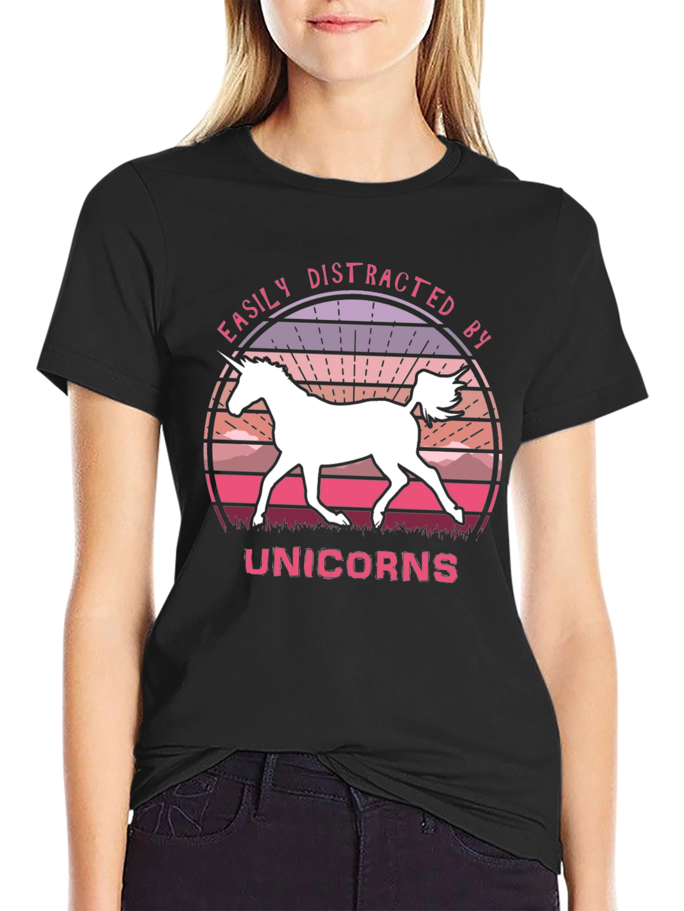 Black Easily Distracted By Unicorns Black T-Shirt view 2