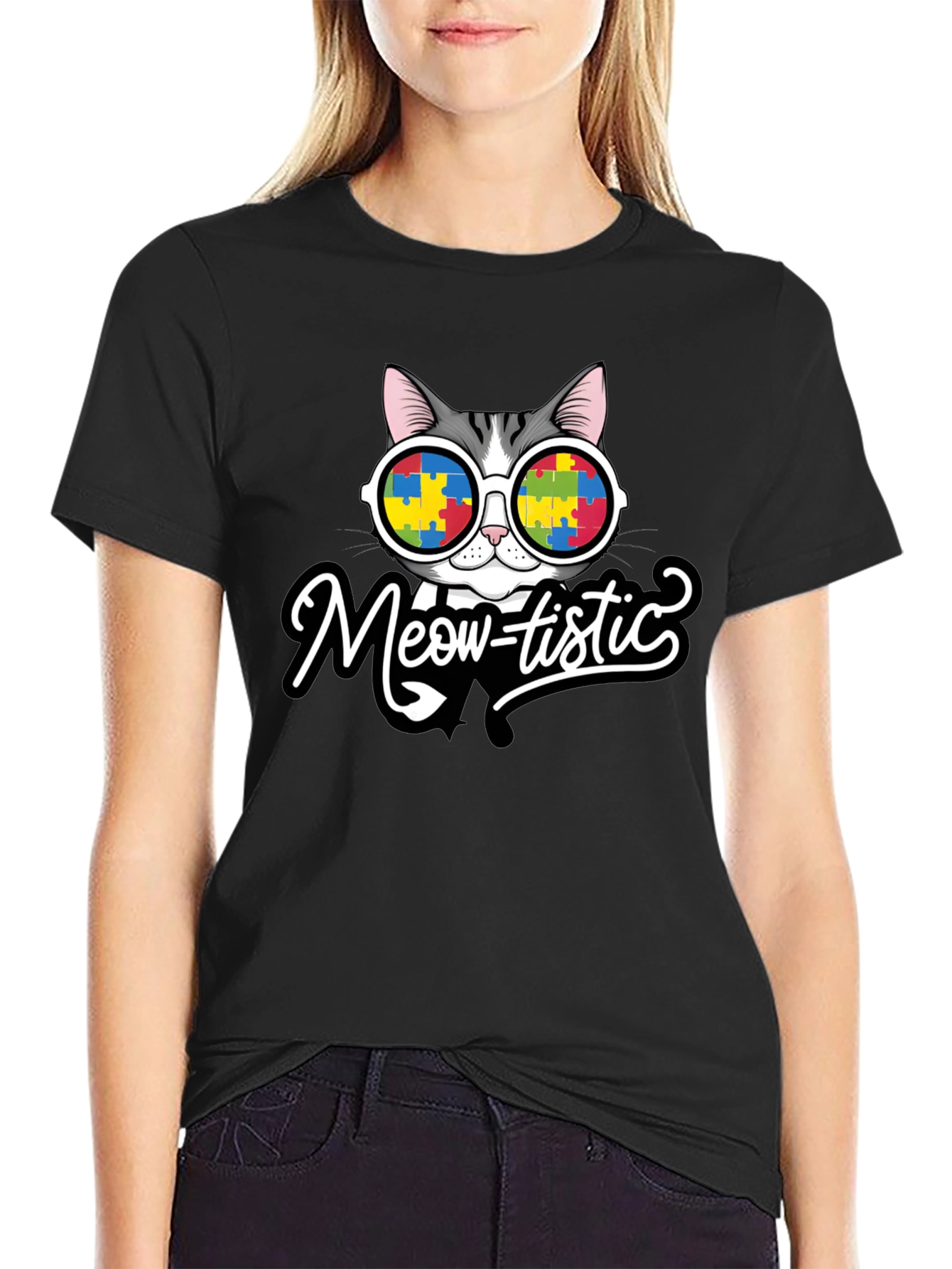Black Meow-tistic Cat Autism Awareness T-Shirt view 2