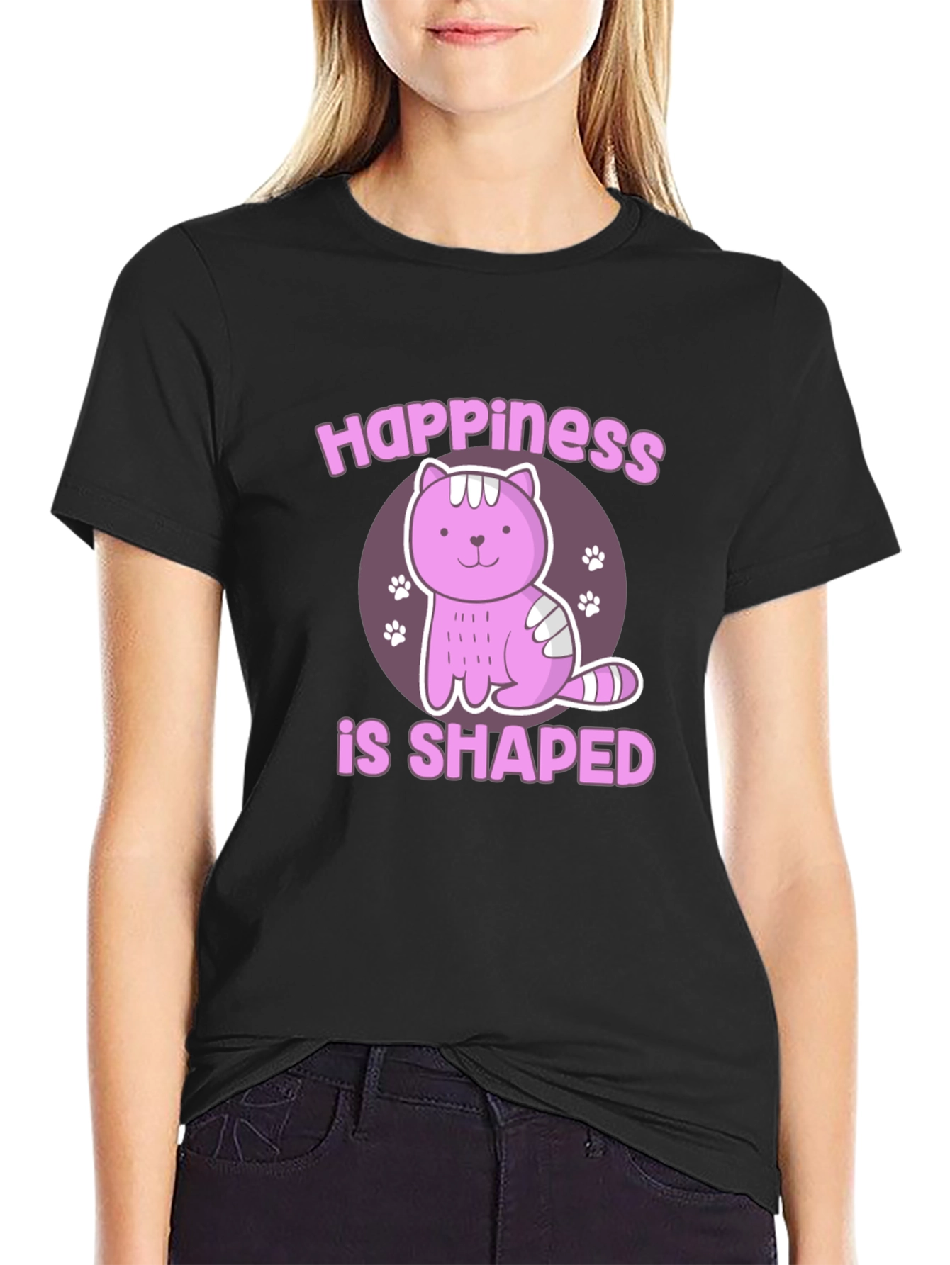Black Happiness Shaped Cat Graphic T-Shirt view 2