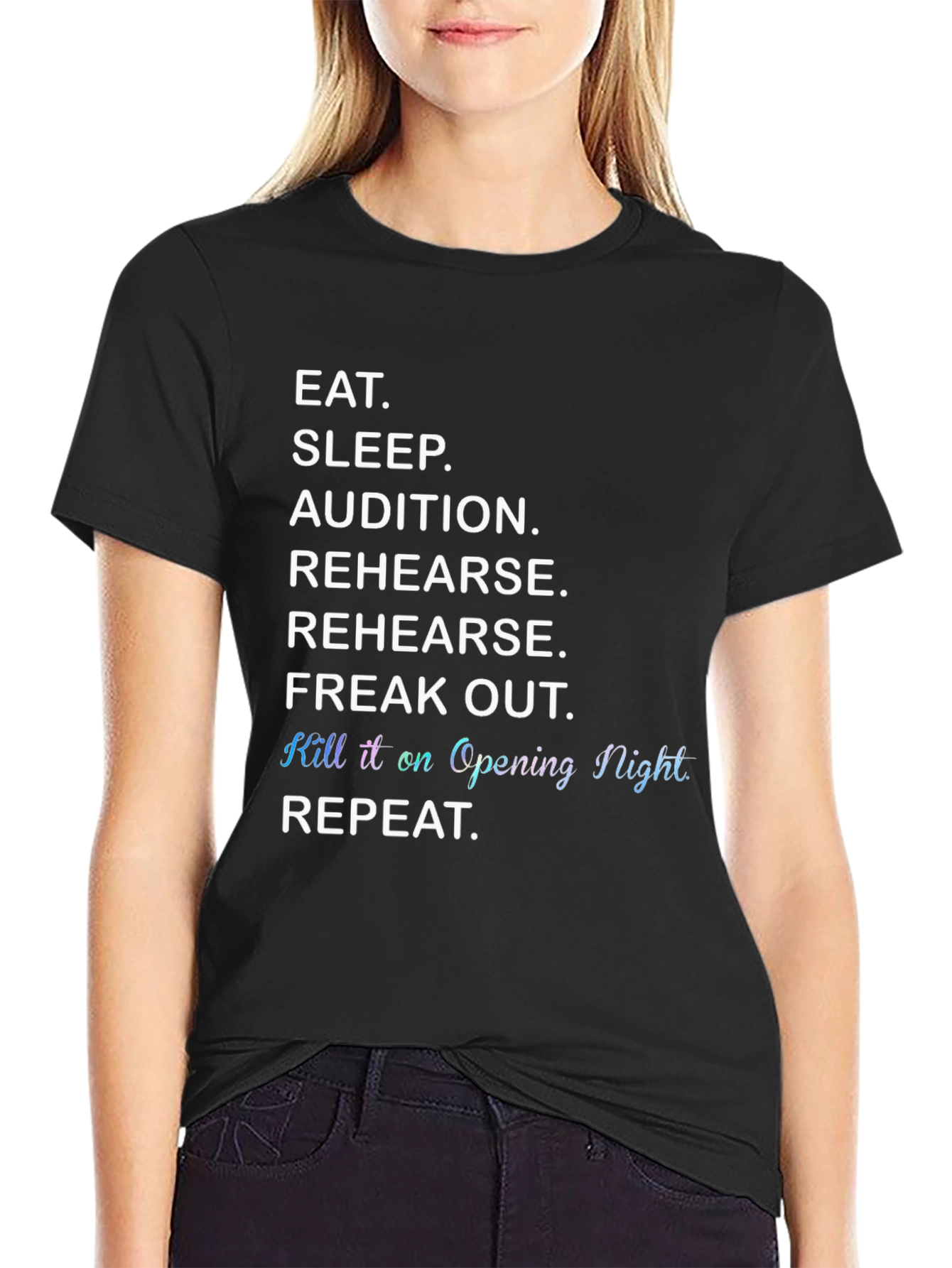 Black Eat Sleep Audition Rehearse Theater T-Shirt view 2