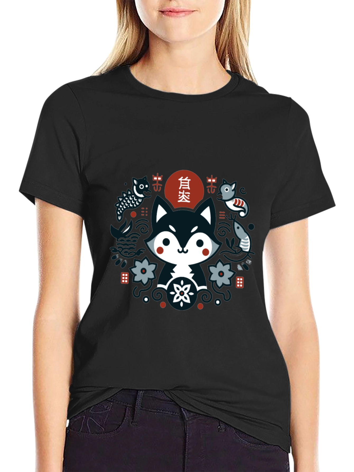 Black Cute Asian Inspired Fox Graphic T-Shirt - Black view 2