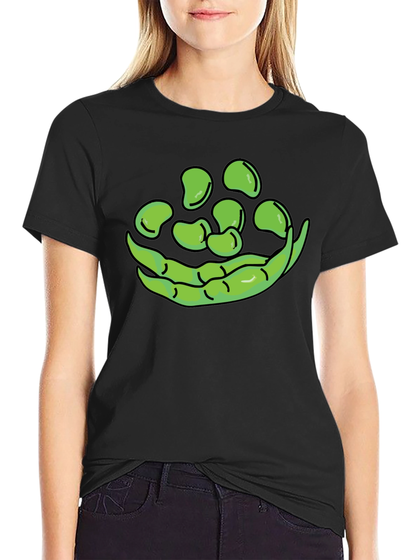Black Funny Green Beans Graphic T-Shirt - Black Casual Tee view 2