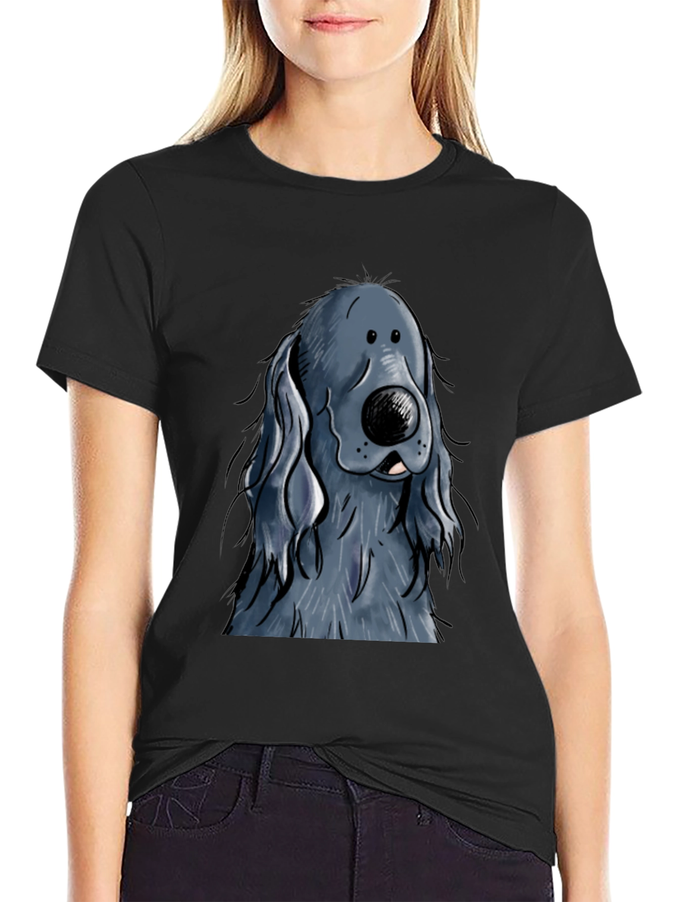 Black Cartoon Dog Graphic Print Black T-Shirt view 2