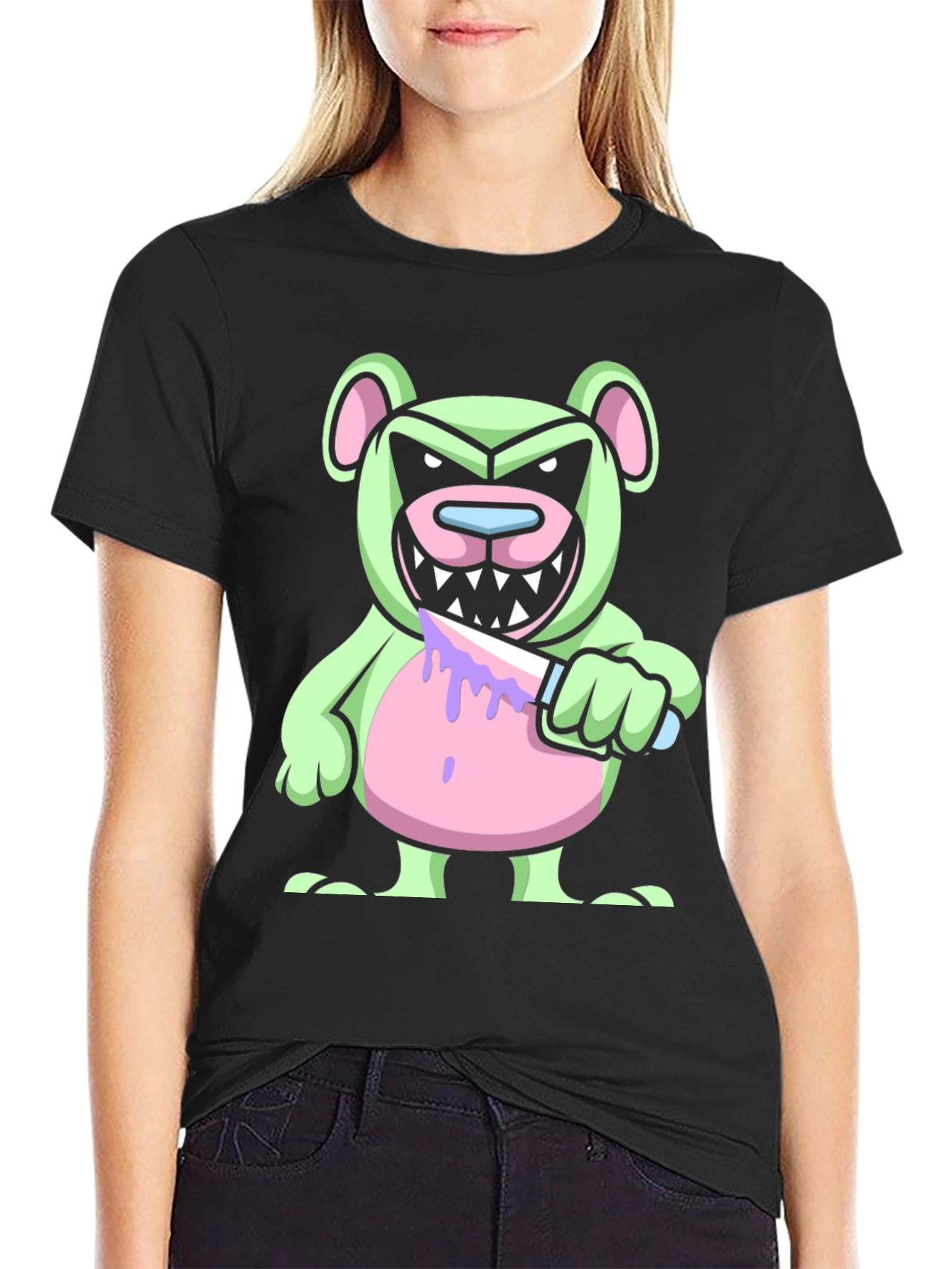 Black Psycho Bear T-Shirt - Edgy Cartoon Graphic Tee view 2