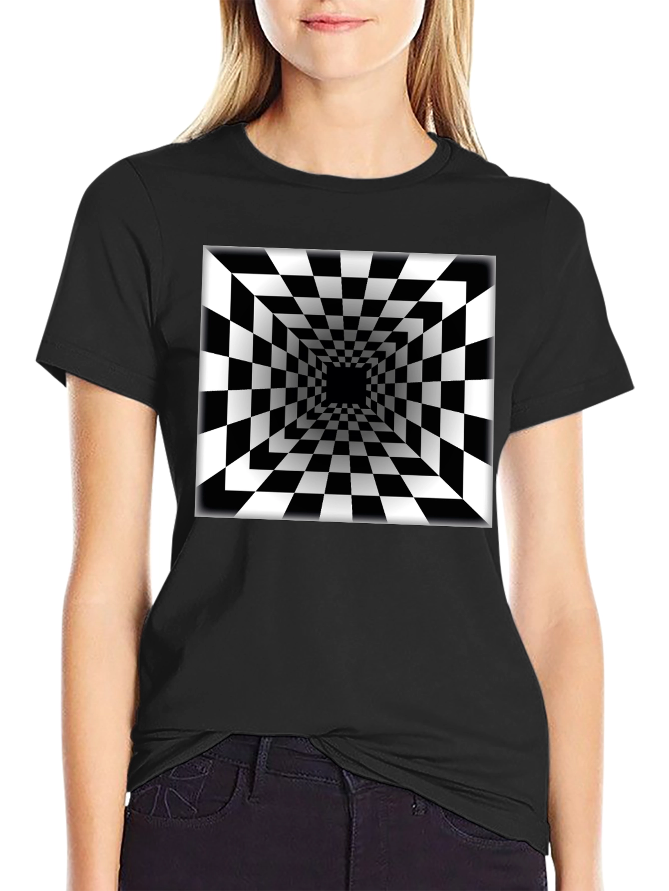 Black Optical Illusion Checkerboard Tunnel Black T-Shirt view 2