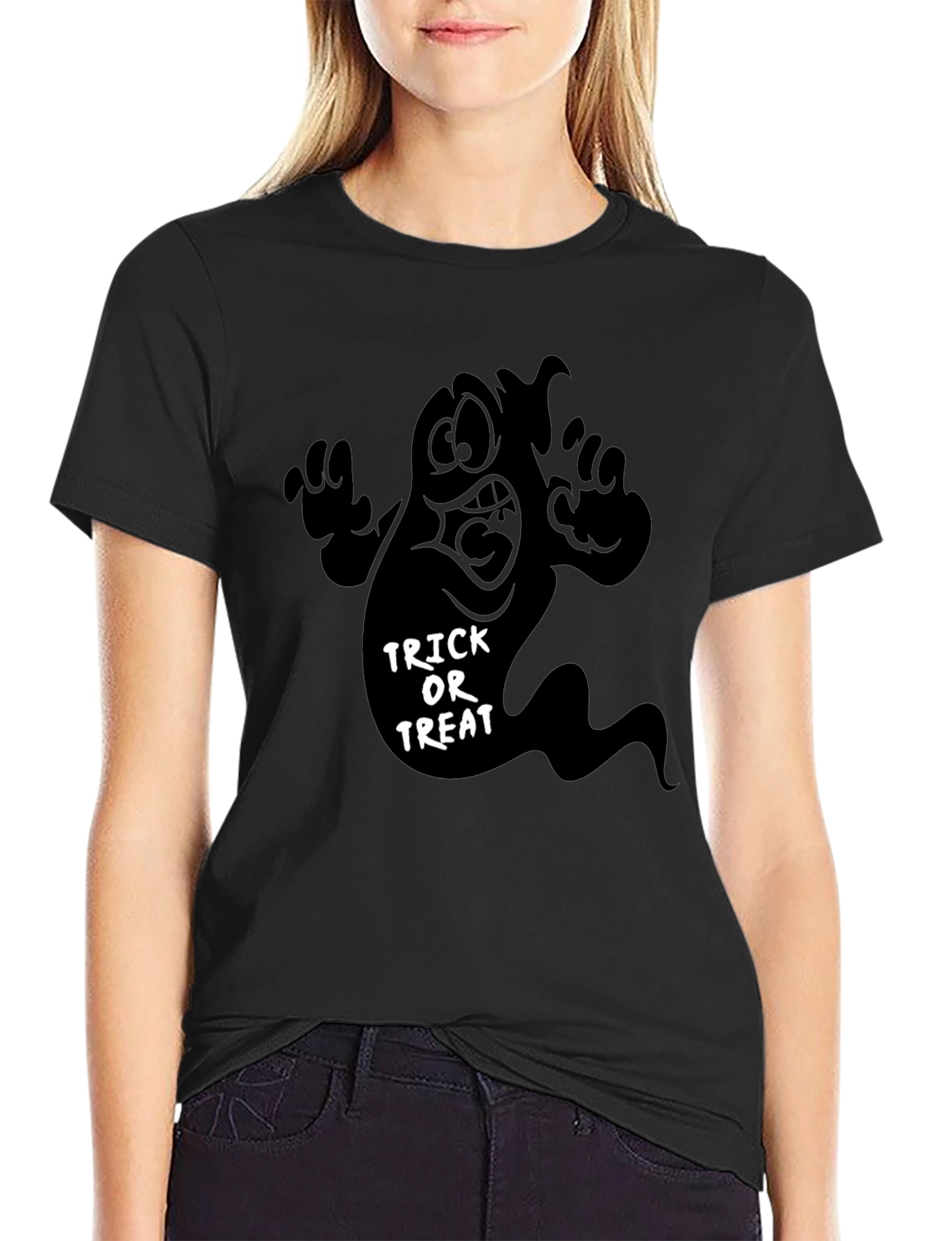 Black Halloween Ghost Trick or Treat Black T-Shirt view 2