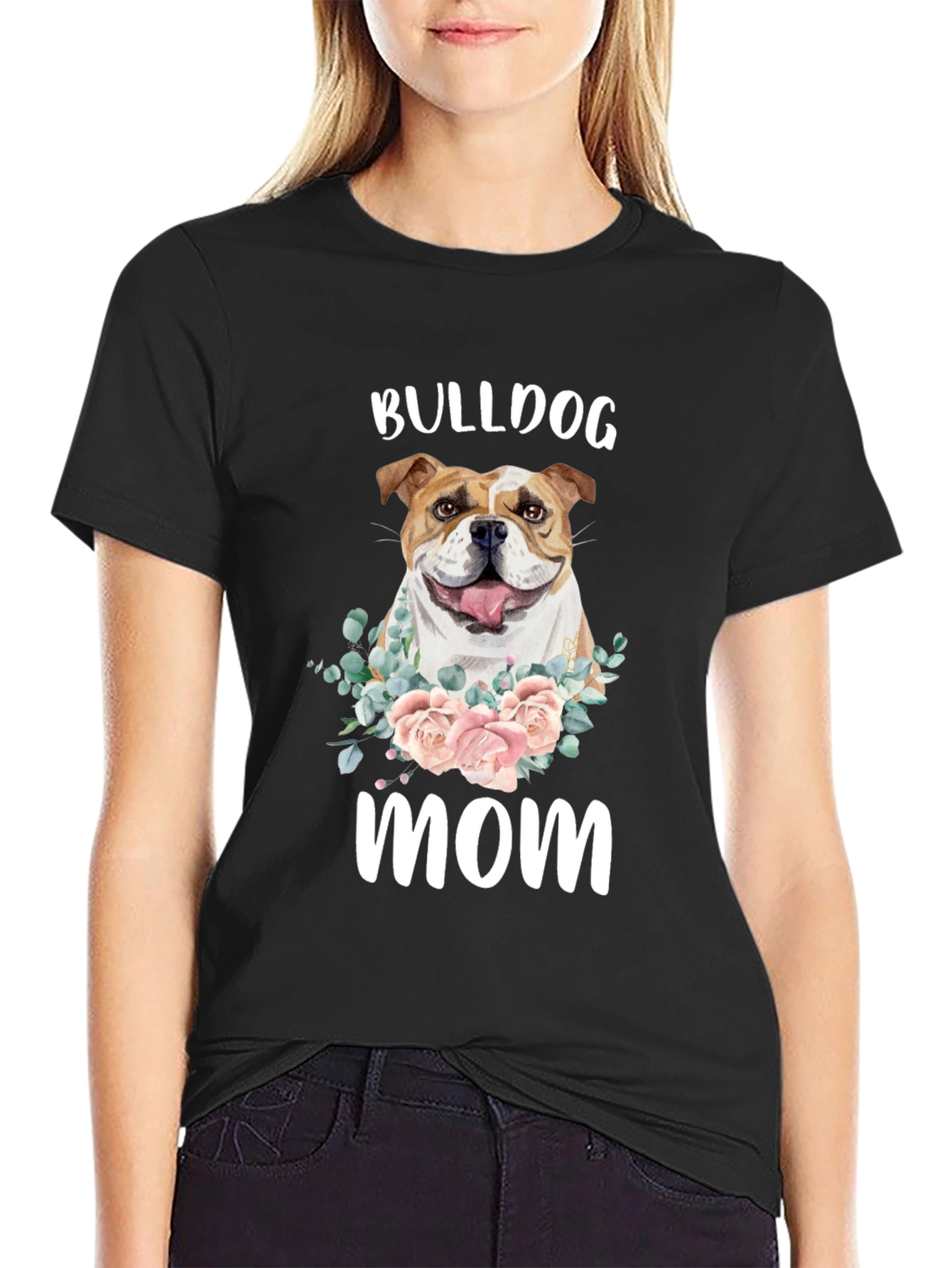 Black Bulldog Mom T-Shirt - Floral Dog Lover Tee view 2