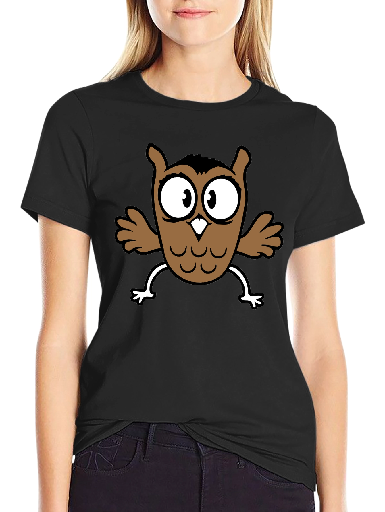 Black Cartoon Owl Graphic Black T-Shirt view 2