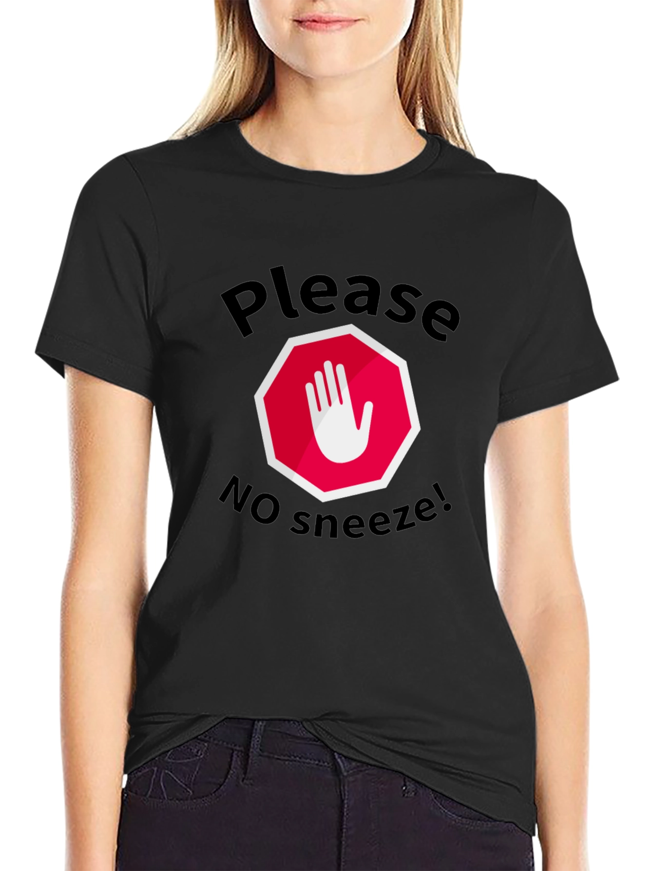 Black Please No Sneeze Funny T-Shirt view 2