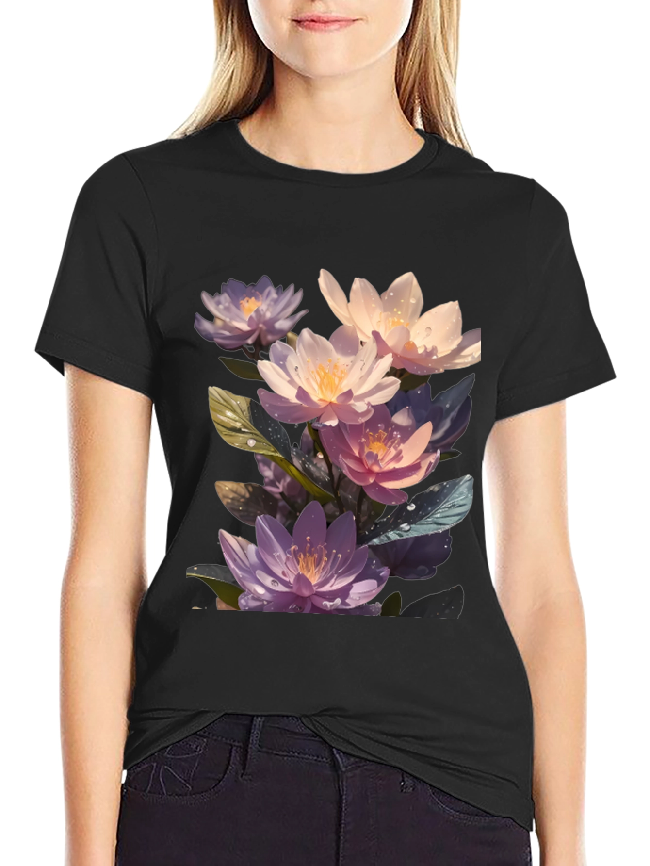 Black Floral Lotus Graphic T-Shirt - Premium Comfort Fit view 2