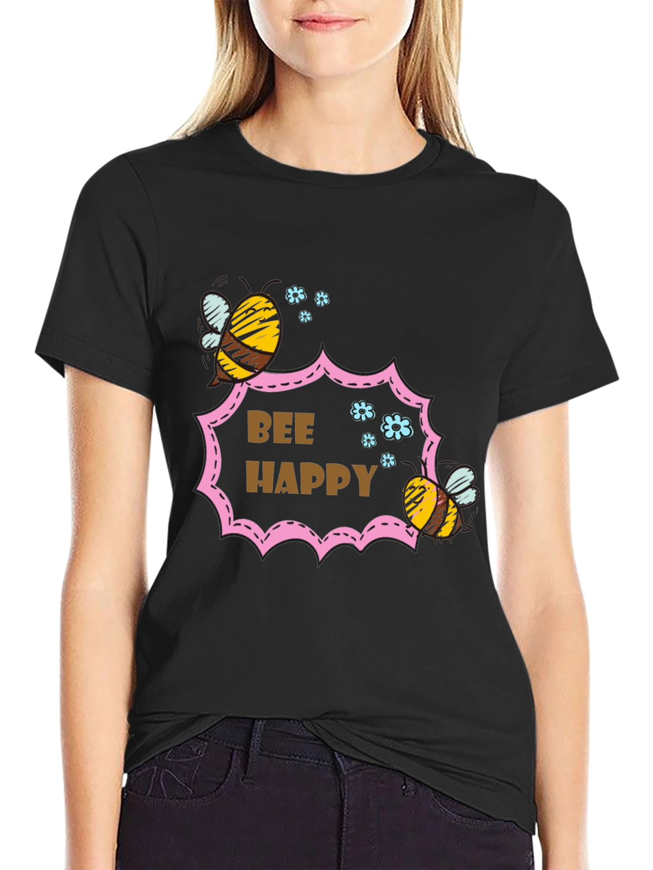 Black Bee Happy Graphic T-Shirt - Stylish Cotton Tee view 2