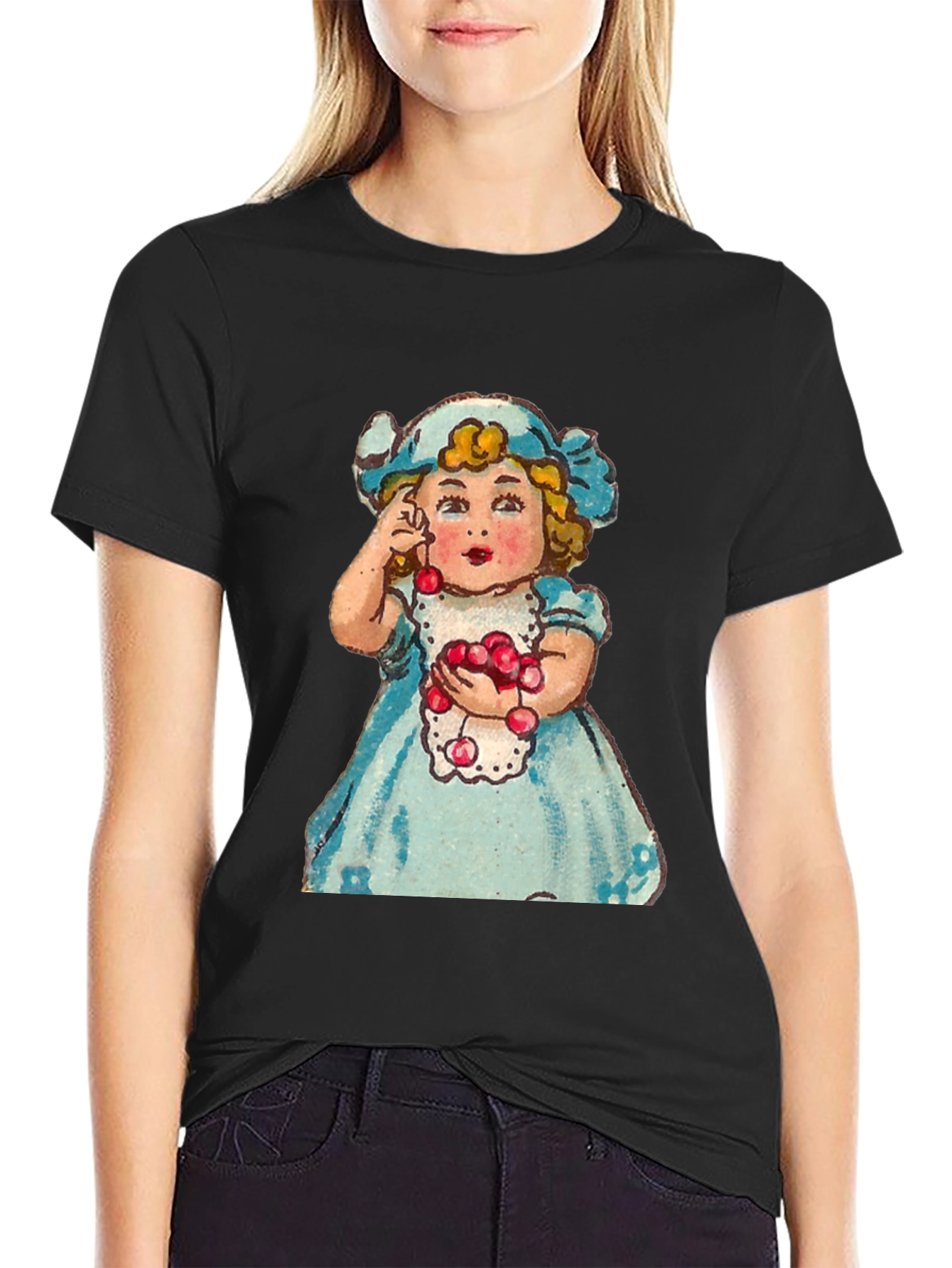 Black Cute Girl Cherry T-Shirt - Vintage Style view 2