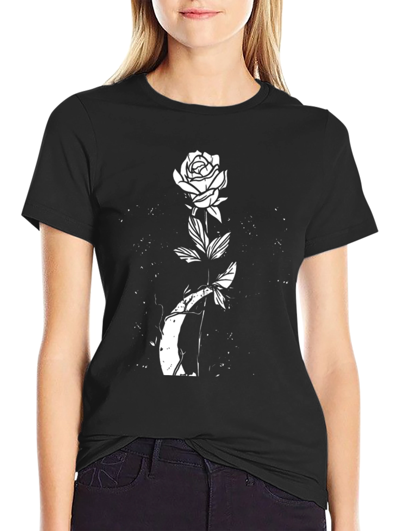 Black Black Rose Graphic T-Shirt - Unique Floral Design view 2