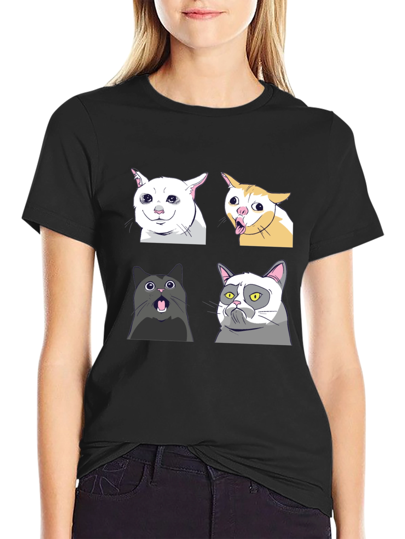 Black Meme Cats Black T-Shirt - Funny Graphic Tee view 2