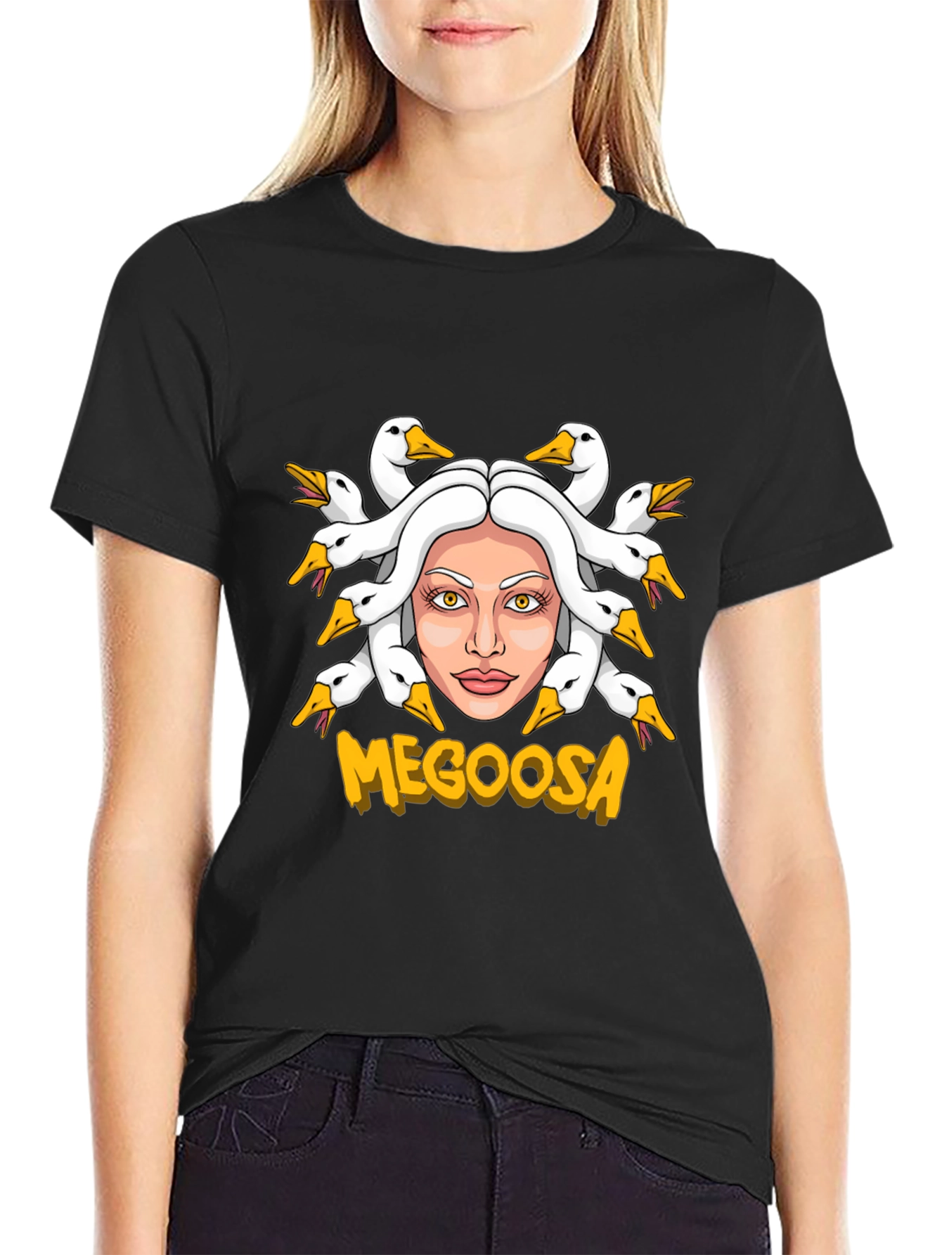 Black MEGOOSA Goose Medusa Funny Graphic T-Shirt view 2
