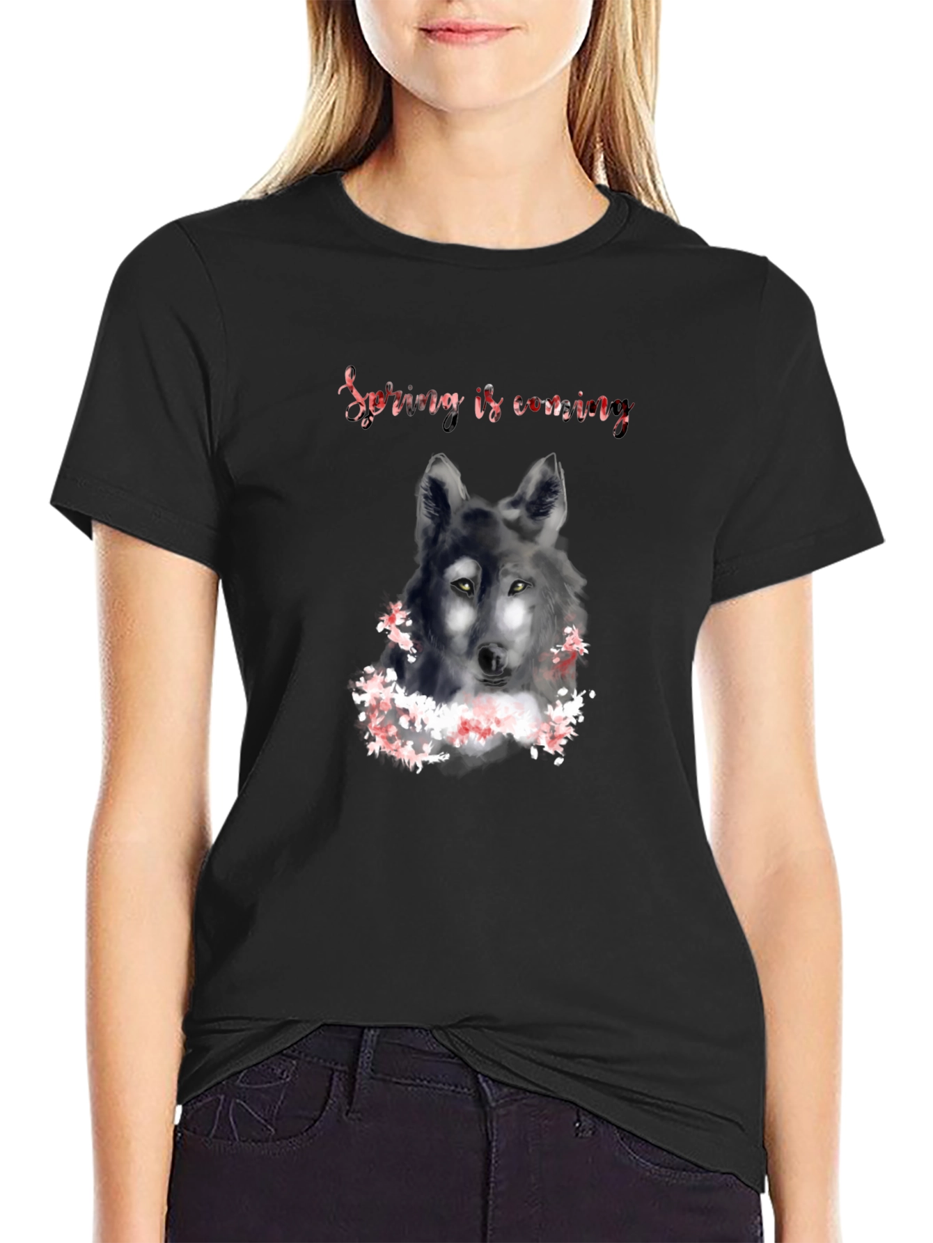 Black Spring is Coming Wolf Graphic T-Shirt view 2