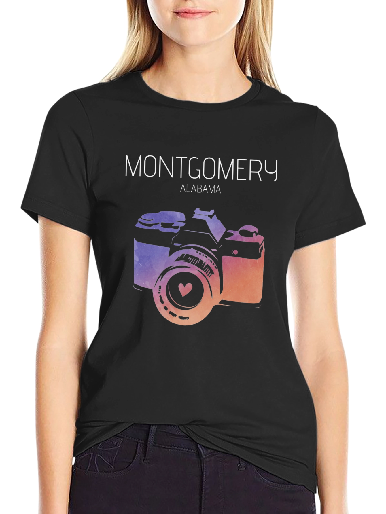 Black Montgomery Alabama Vintage Camera Graphic T-Shirt view 2