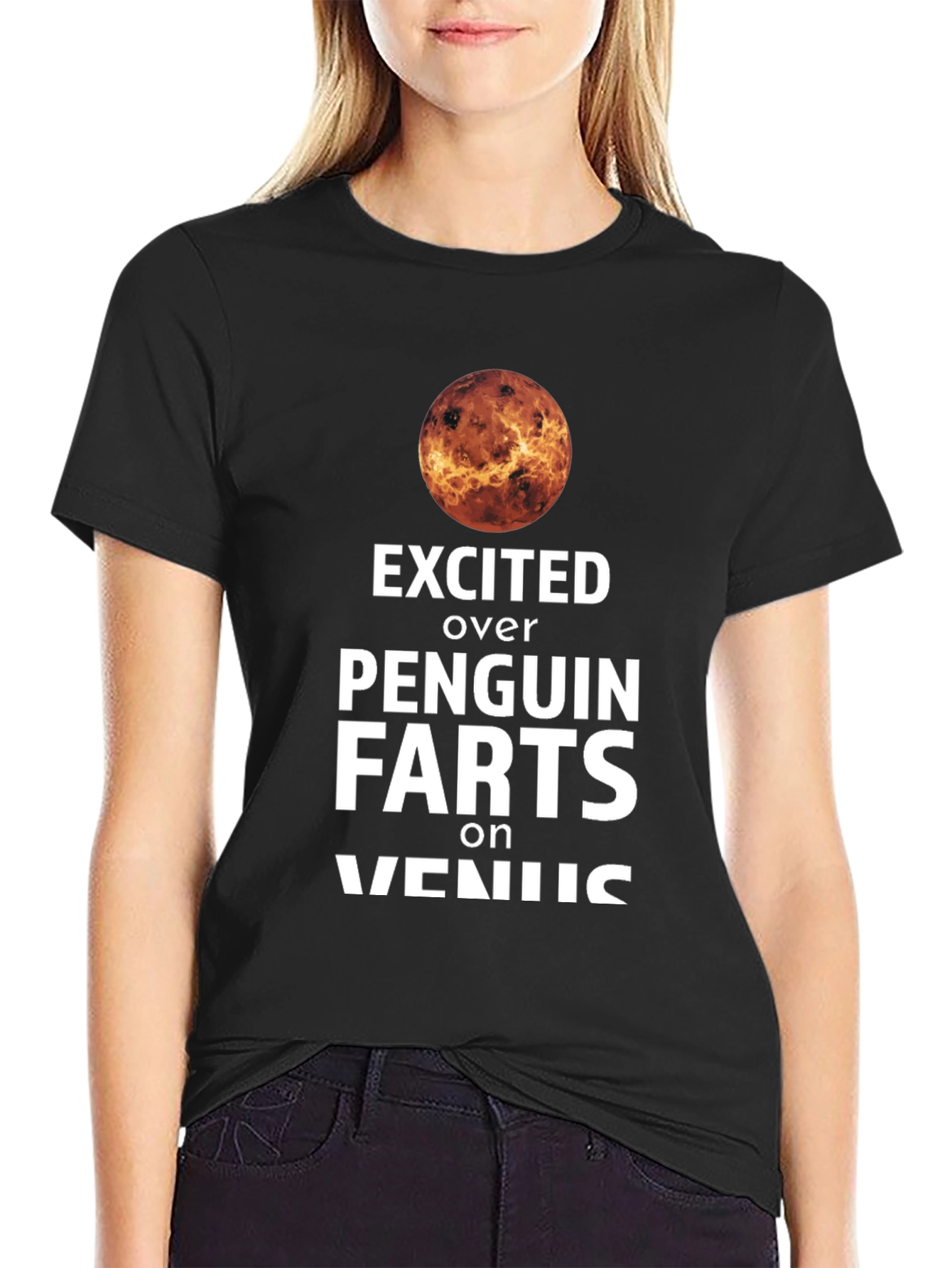 Black Excited Over Penguin Farts on Venus T-Shirt view 2