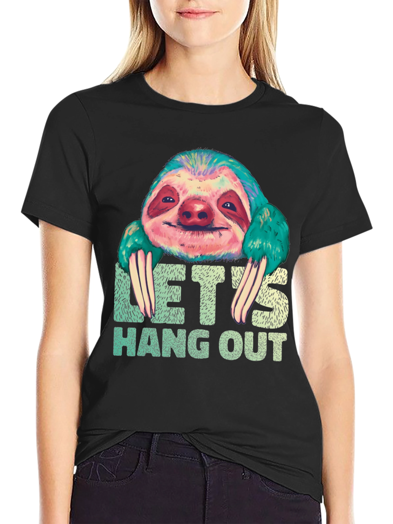 Black Let's Hang Out Sloth Graphic T-Shirt view 2