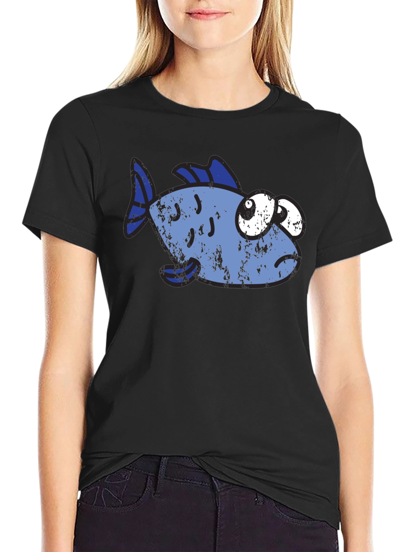 Black Funny Distressed Cartoon Fish Graphic T-Shirt view 2