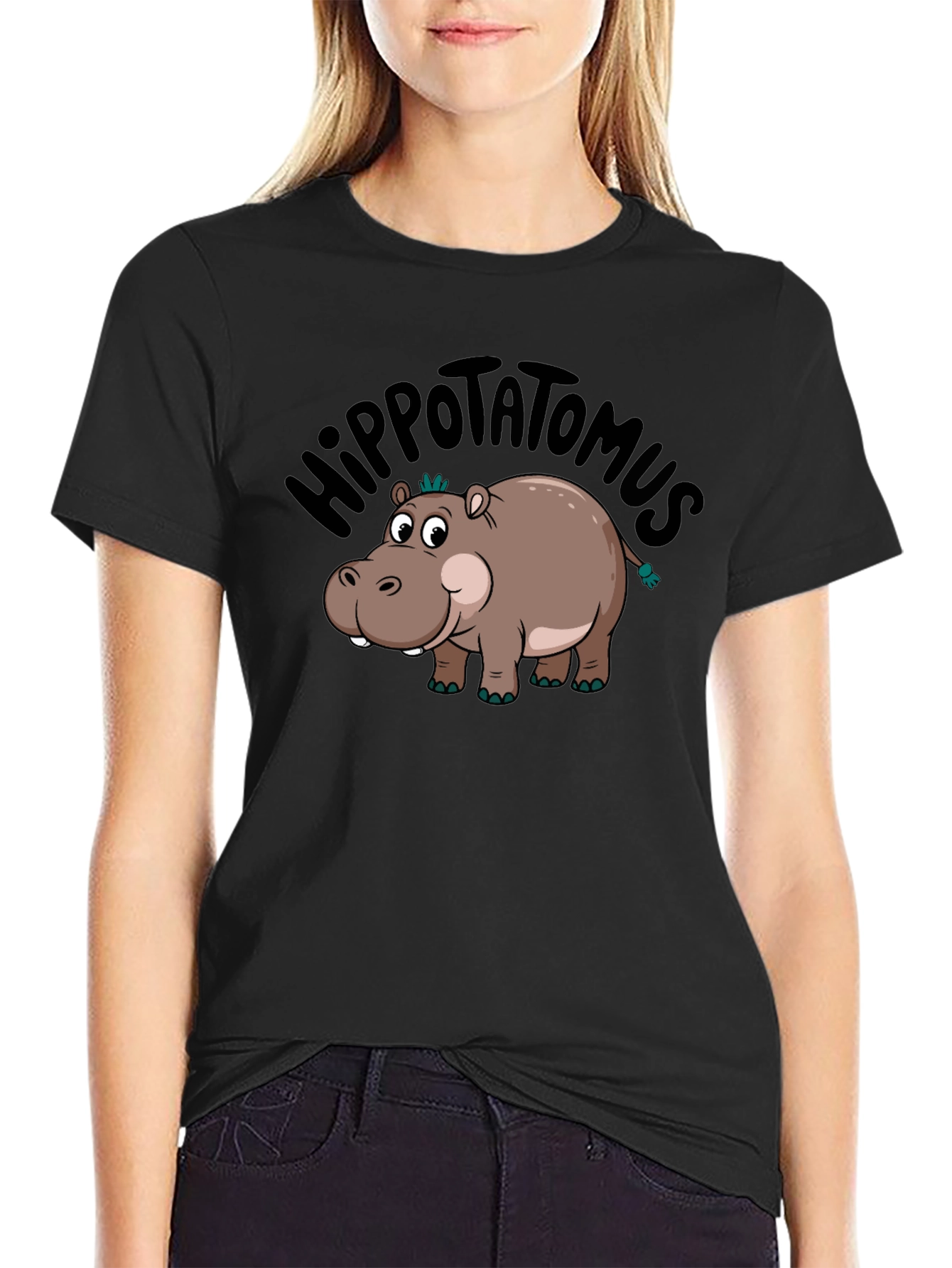 Black Hippo-tatomus T-Shirt: Funny Cartoon Graphic Tee view 2