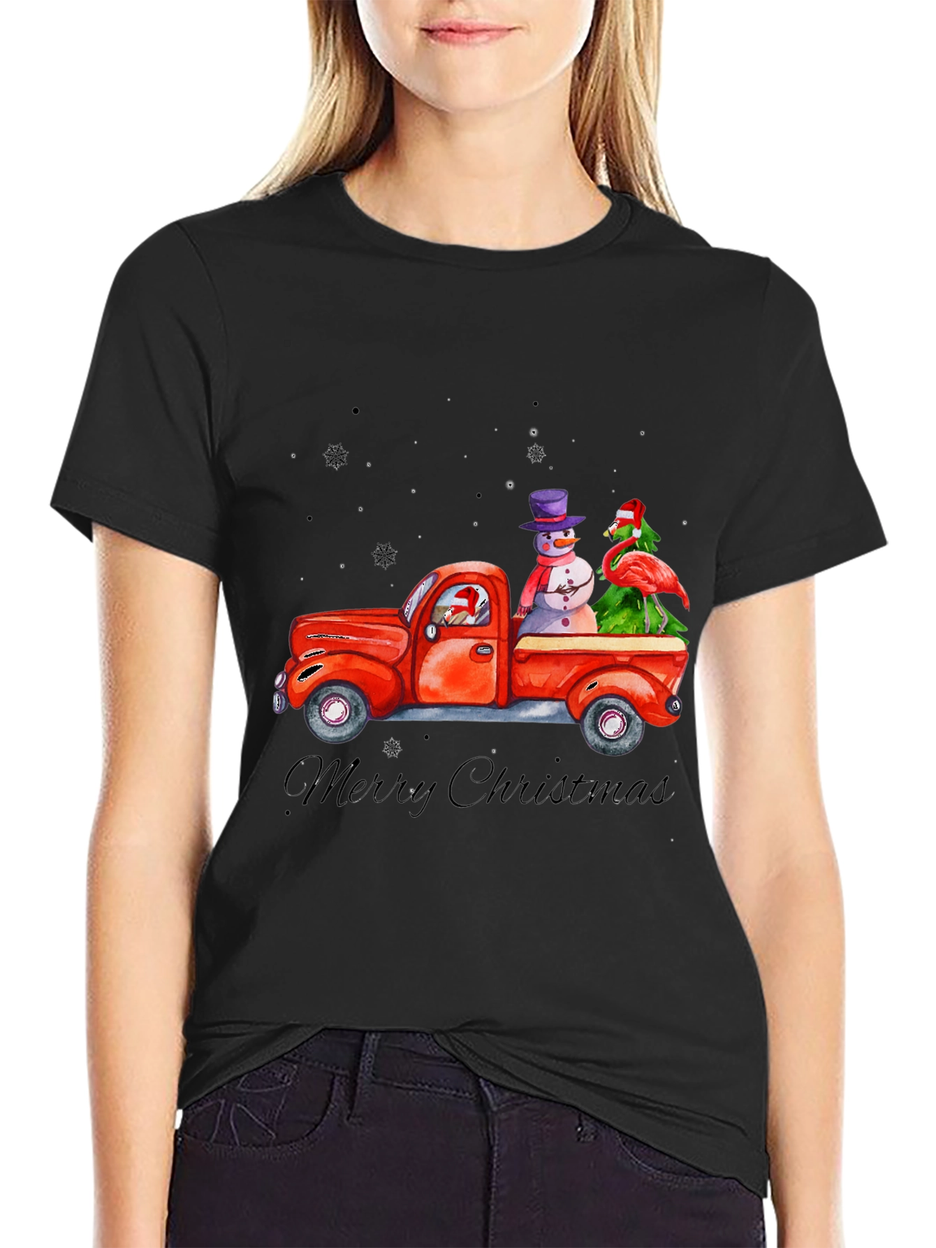 Black Christmas Truck T-Shirt with Snowman & Flamingo view 2