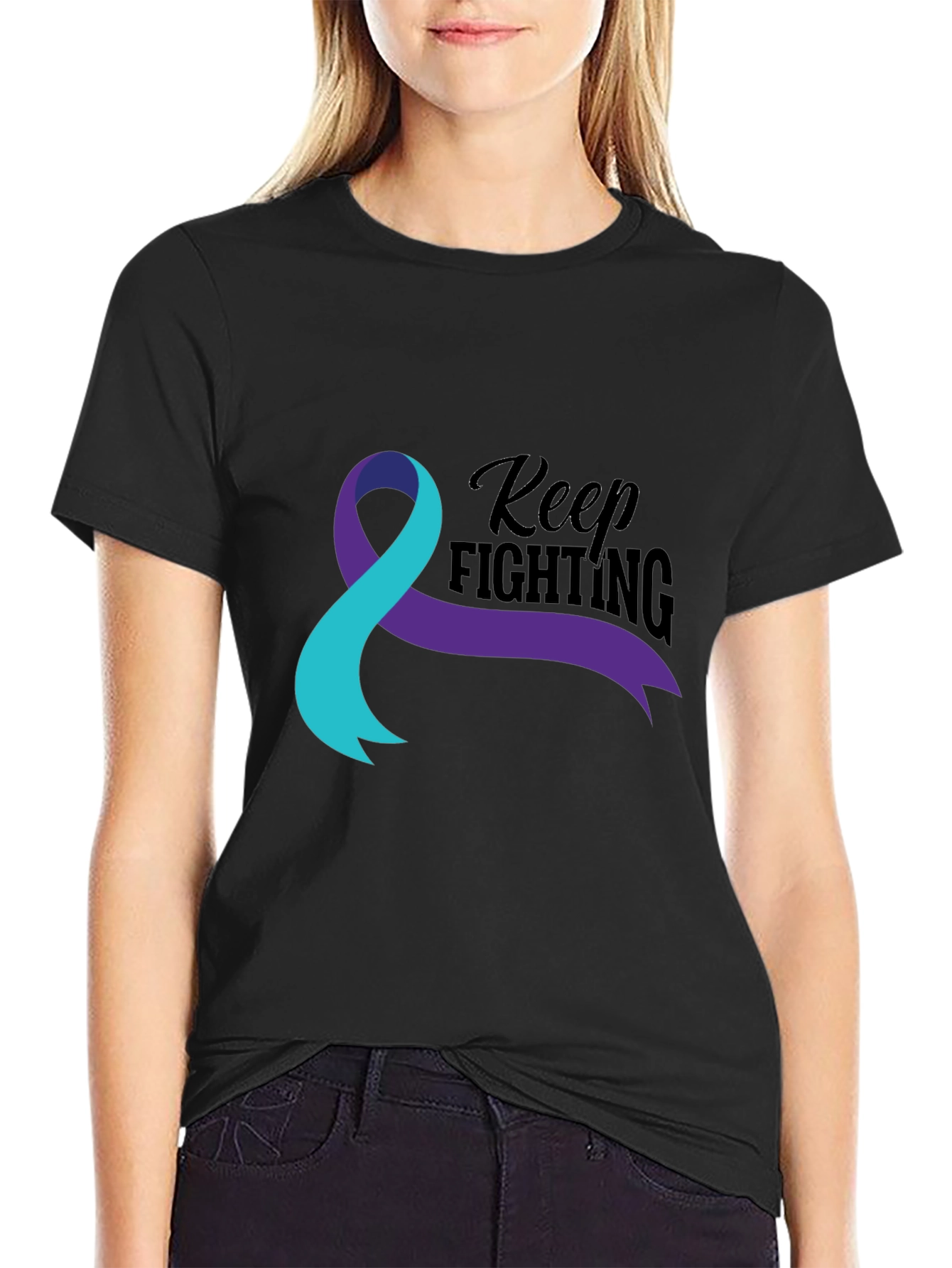Black Keep Fighting Awareness Ribbon Graphic T-Shirt view 2