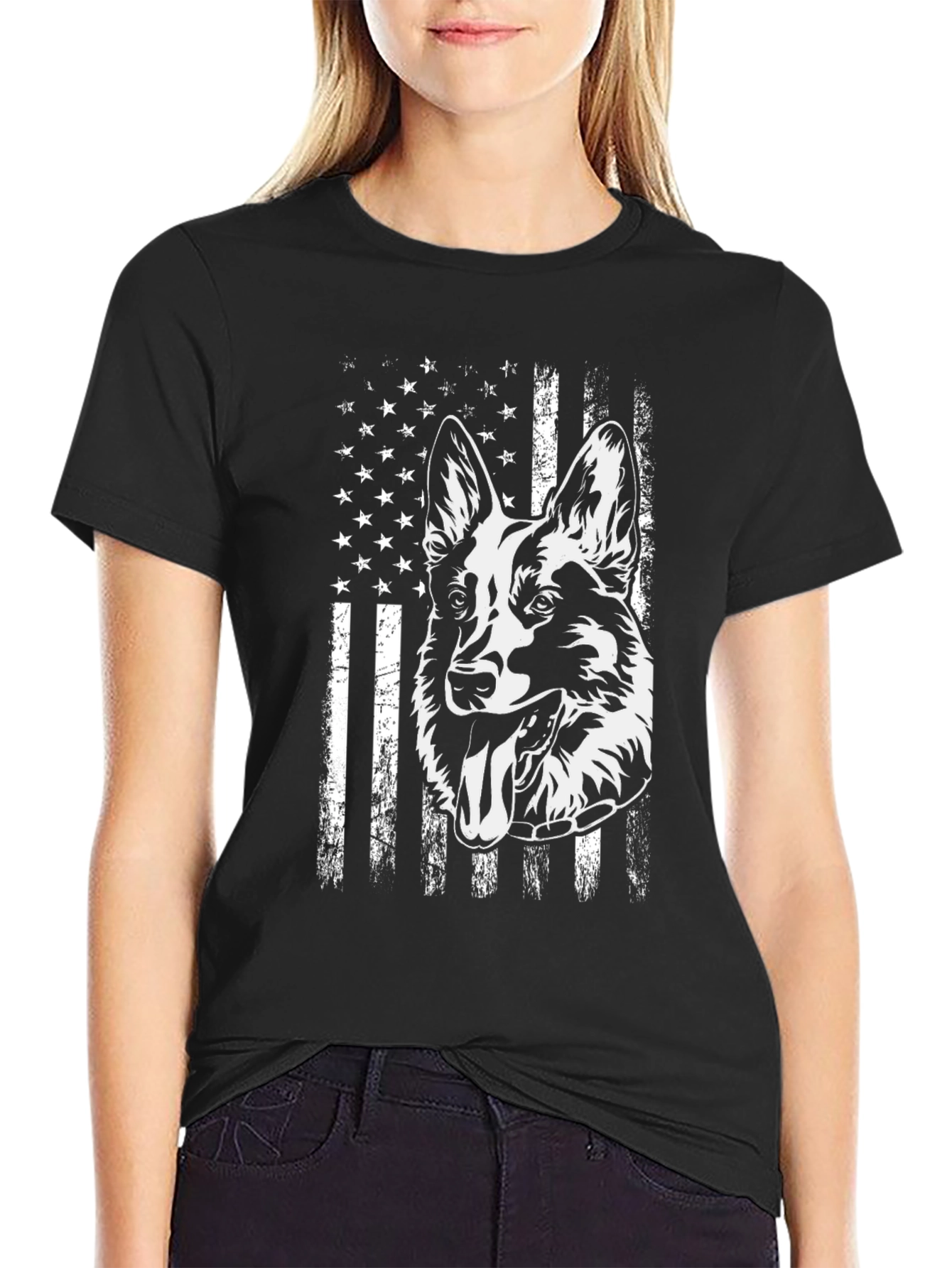 Black German Shepherd American Flag Graphic Tee view 2