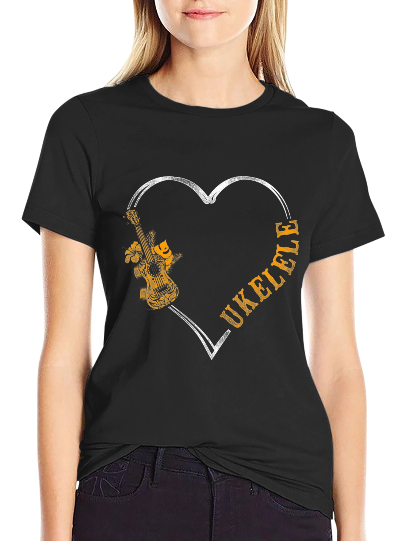 Black Ukulele Heart Graphic T-Shirt - Music Lover Tee view 2