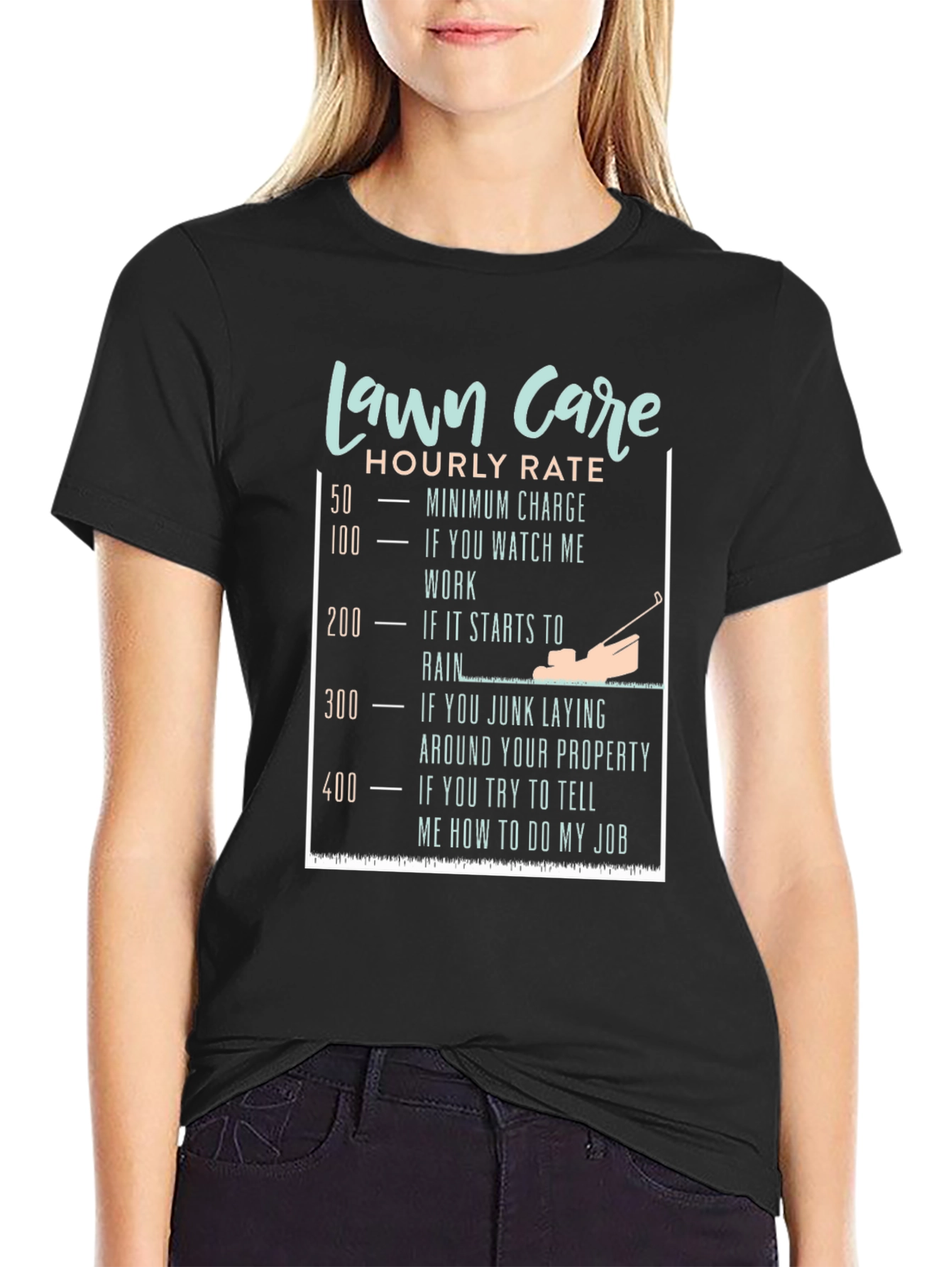 Black Funny Lawn Care Hourly Rate T-Shirt view 2