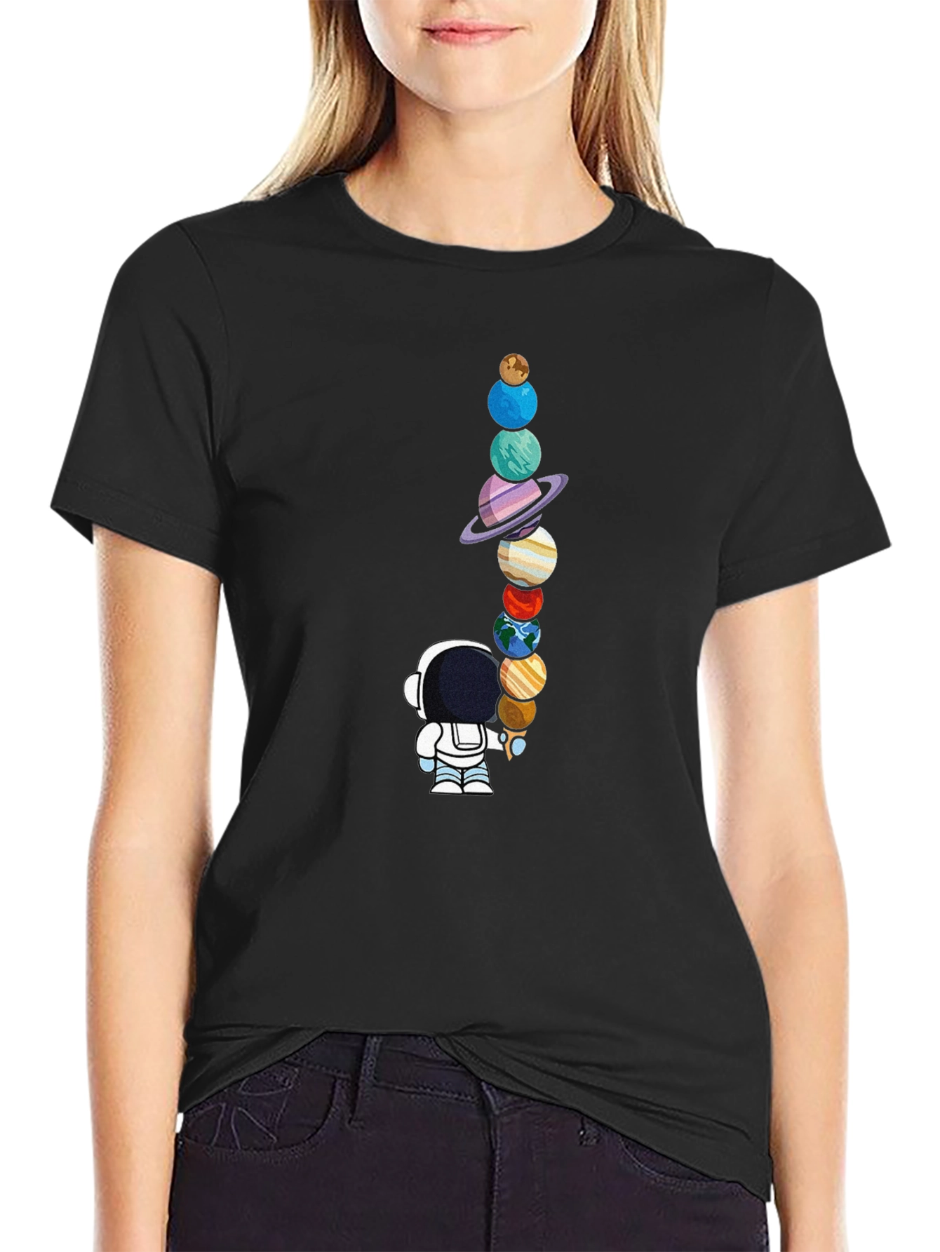 Black Astronaut Planets Graphic Tee - Space Lover's Black T-Shirt view 2
