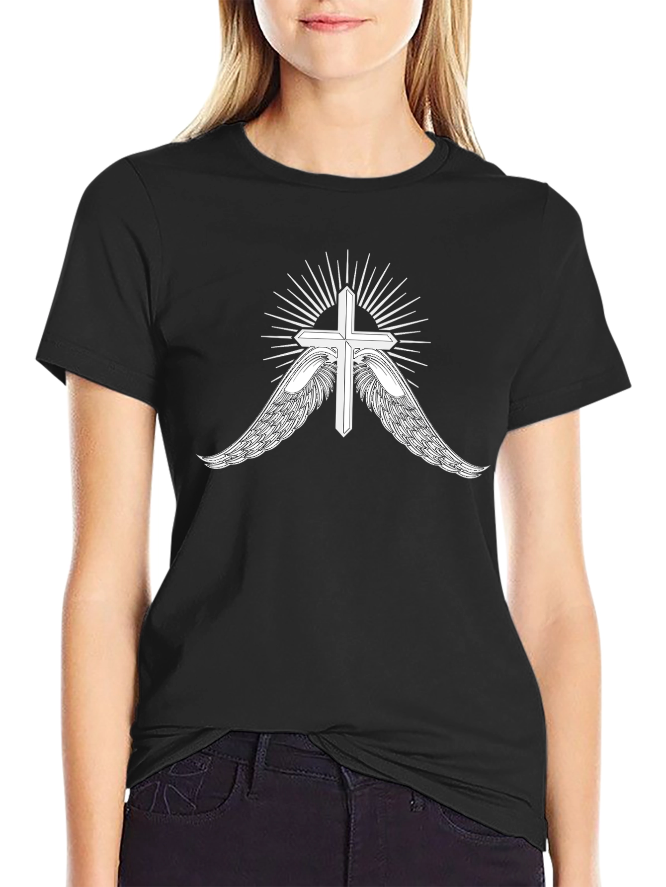 Black Men's Black T-Shirt with Cross and Wings Graphic view 2