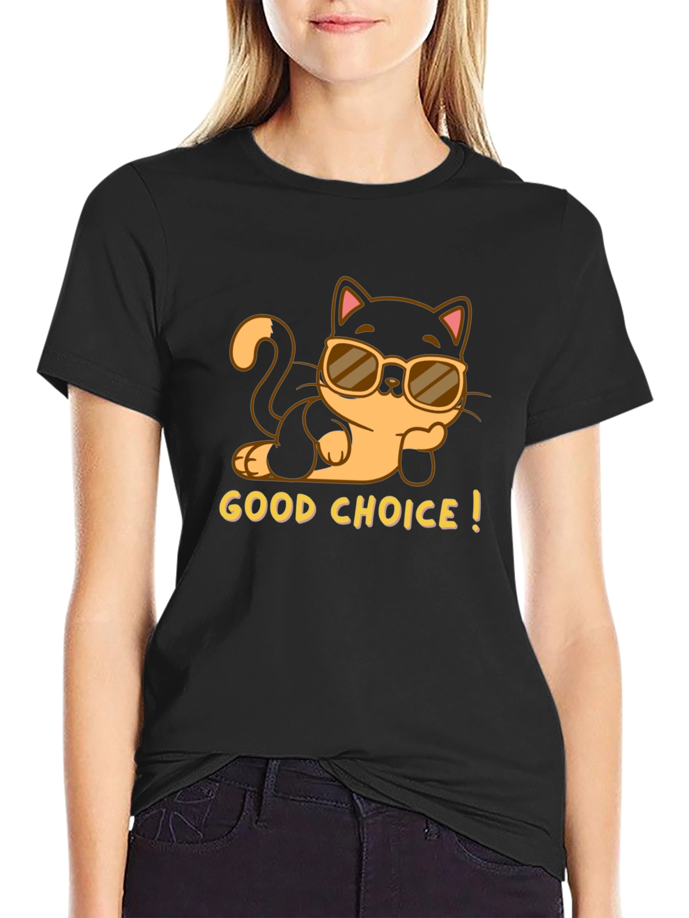 Black Cool Cat Tee: "Good Choice!" Black T-Shirt view 2