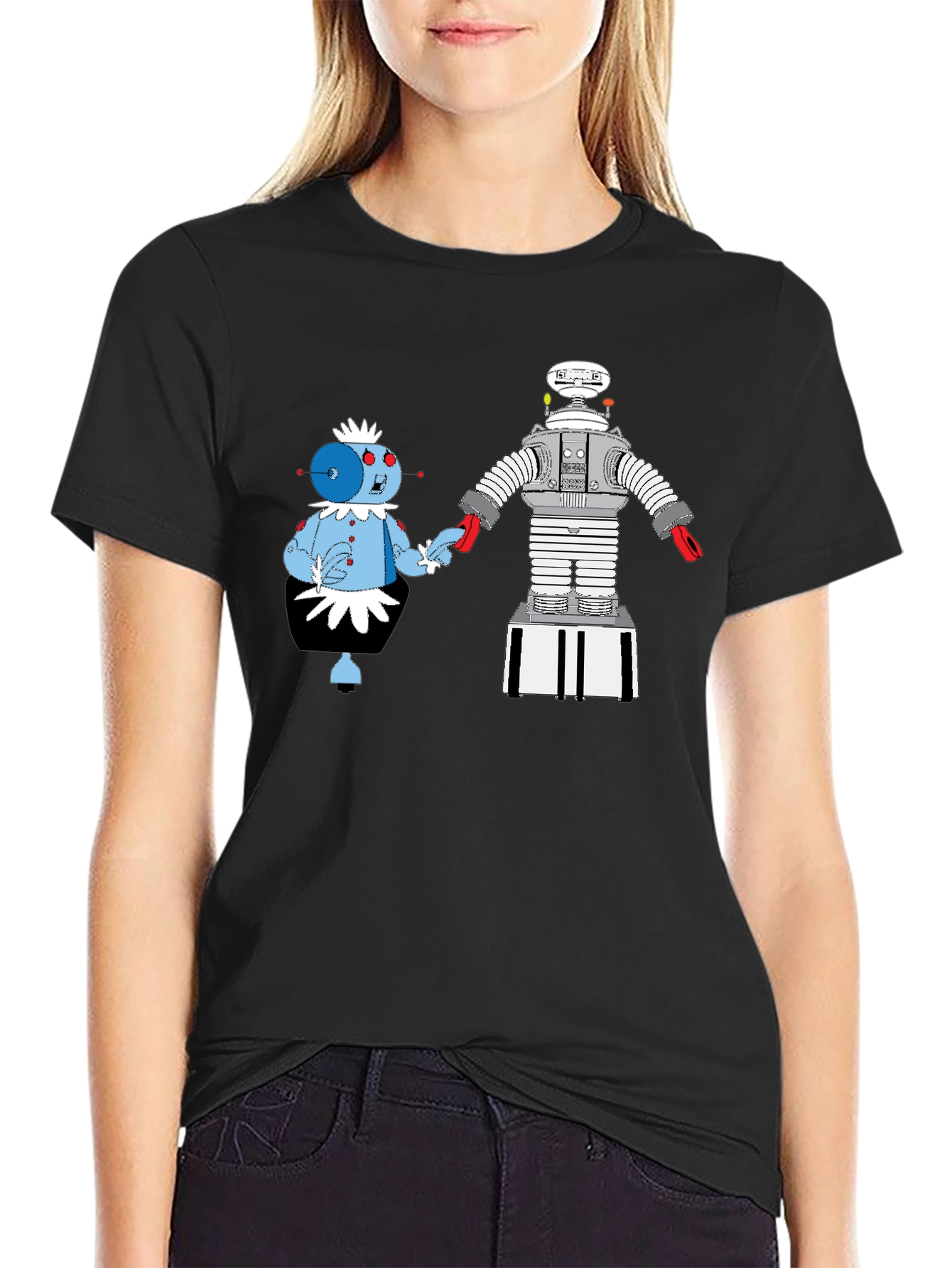 Black Robot Romance Graphic Tee - Black Cotton T-Shirt view 2