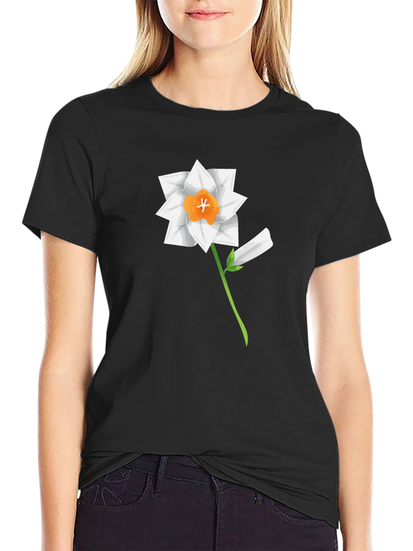 Black Floral Graphic Tee - Daffodil Design, Soft Cotton Blend view 2