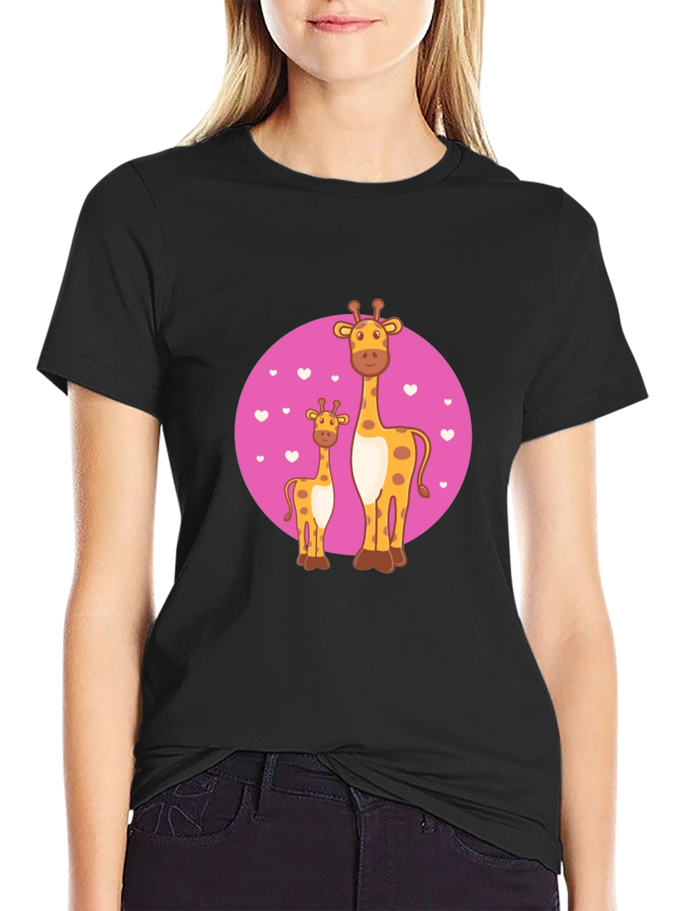Black Giraffe Family Graphic Tee - Black Cotton Comfort view 2