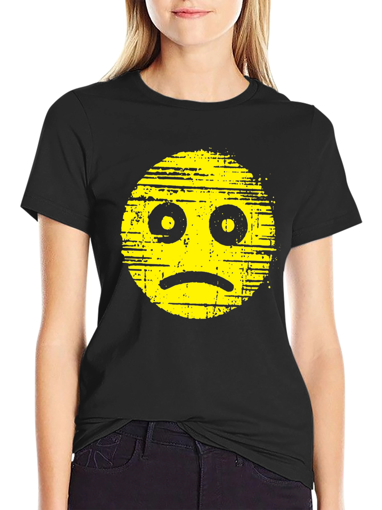 Black Distressed Sad Face Graphic Black T-Shirt view 2