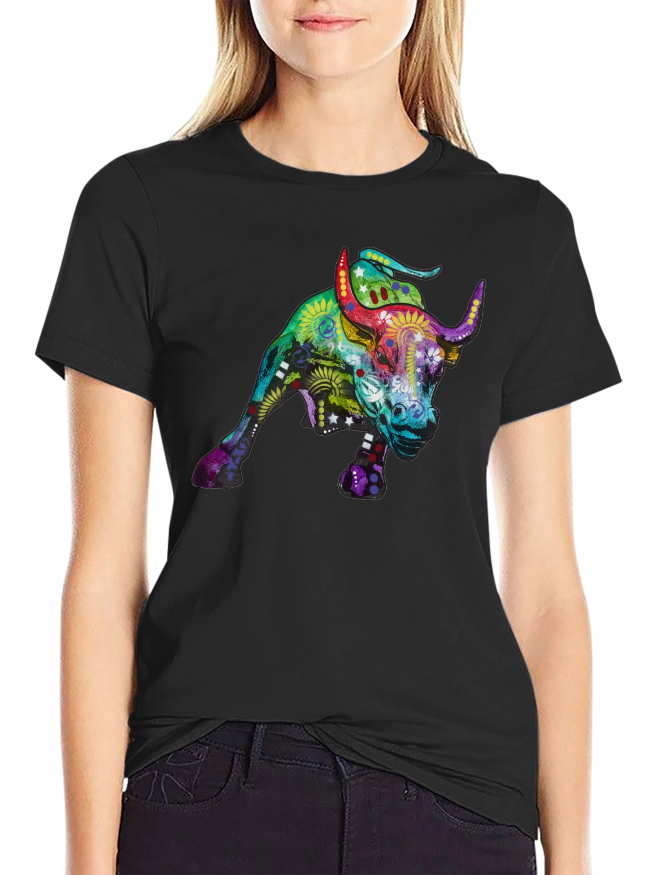 Black Colorful Bull Graphic Print Black T-Shirt view 2