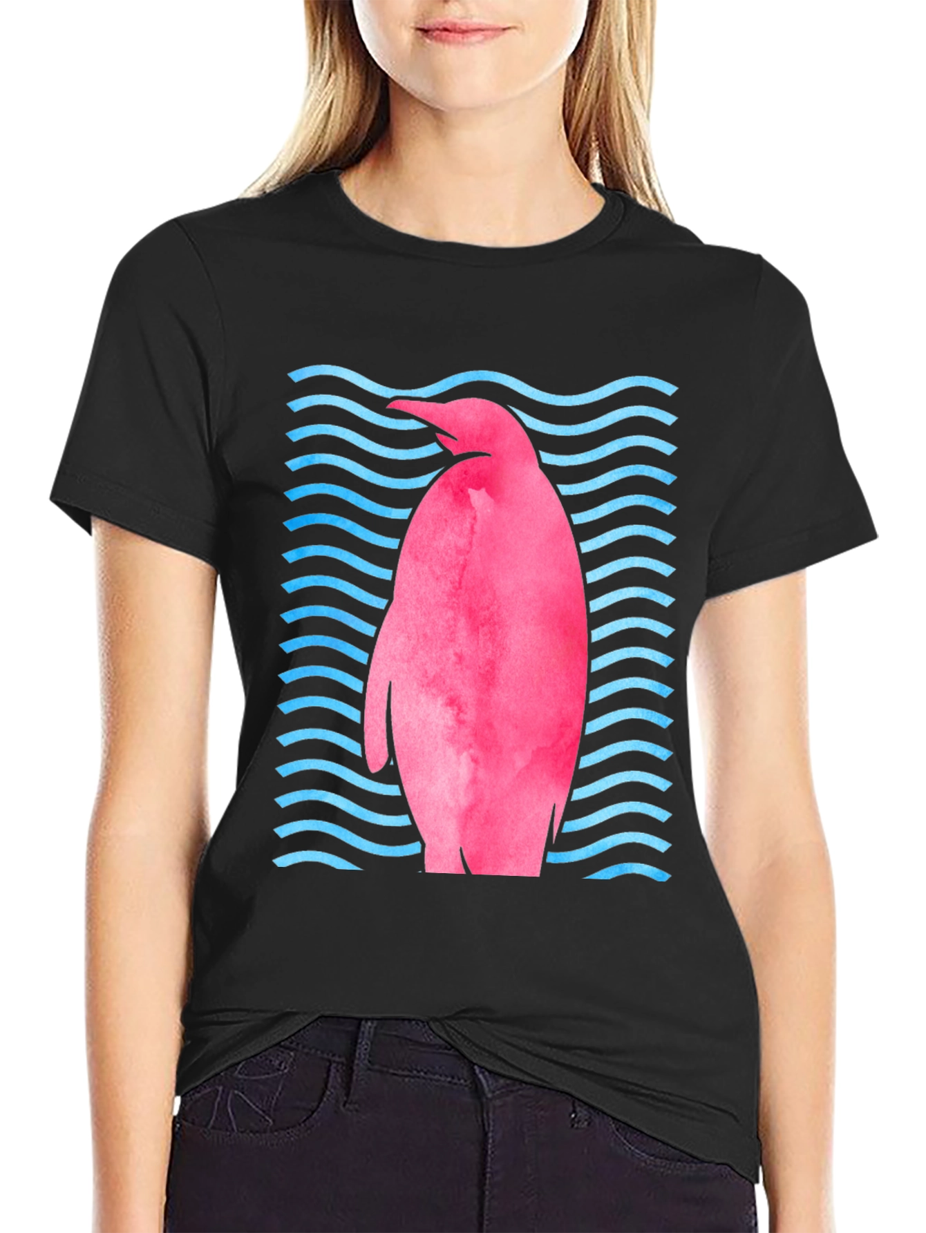 Black Pink Penguin Wave T-Shirt - Unique Graphic Tee view 2