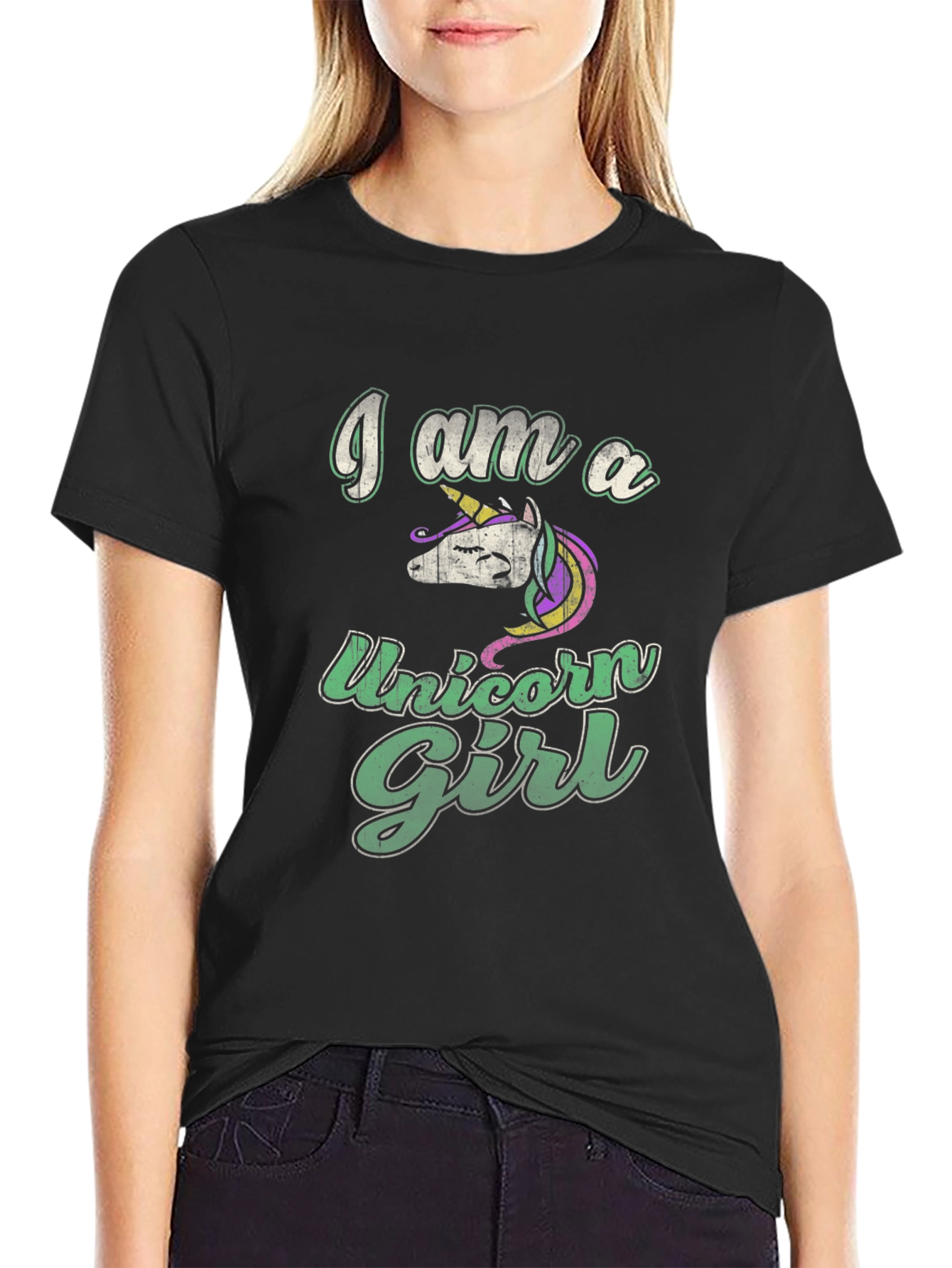 Black I Am A Unicorn Girl Black T-Shirt view 2