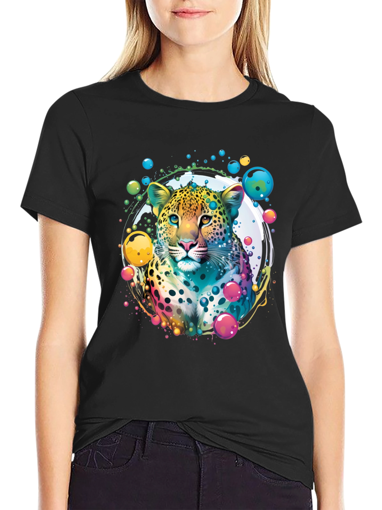 Black Vibrant Leopard Graphic T-Shirt view 2