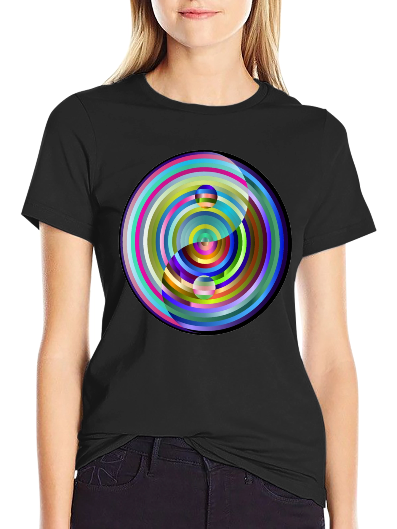 Black Yin Yang Circle Graphic Tee - Colorful, Modern Style view 2