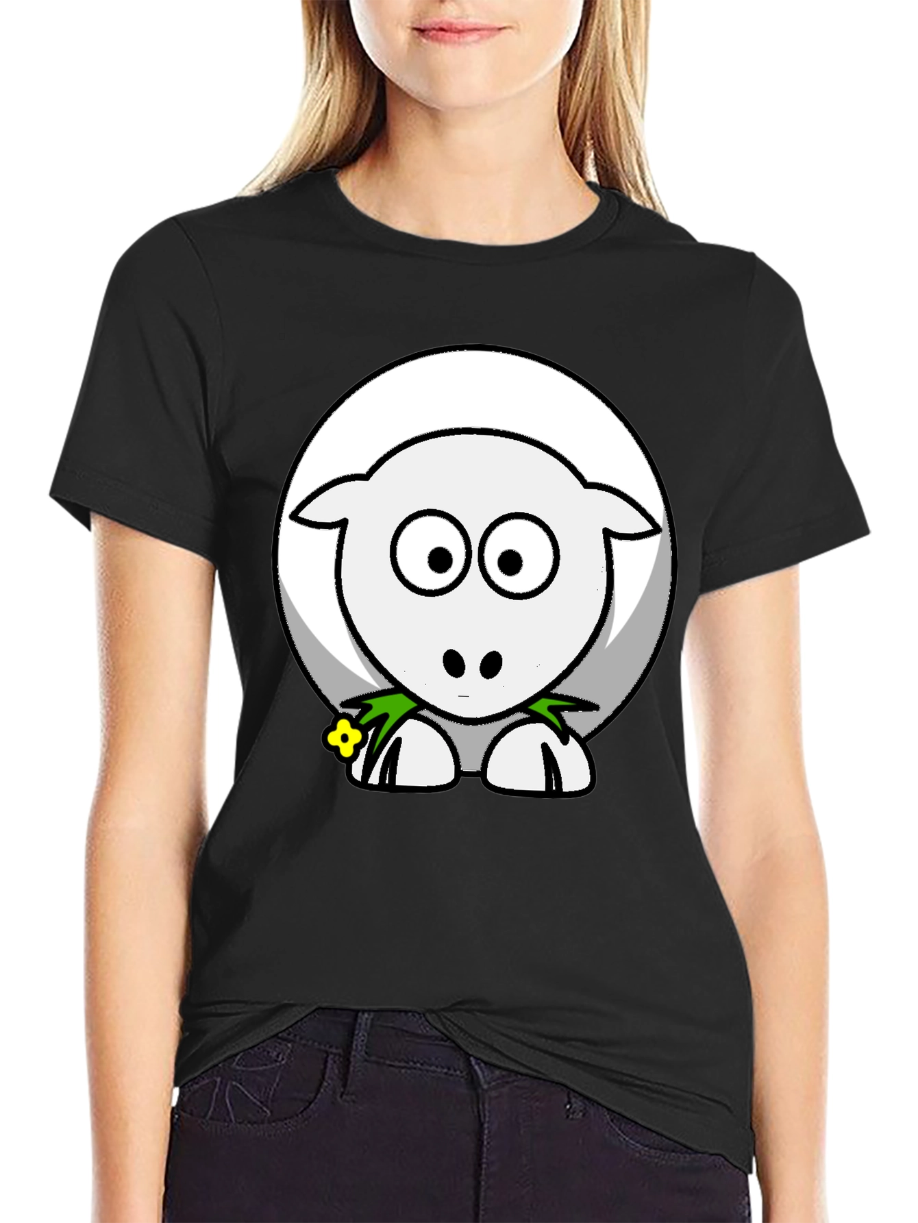 Black Cute Sheep Graphic Tee - Black Cotton Blend Shirt view 2