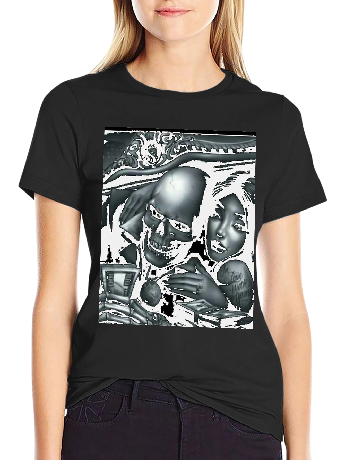 Black Skull and Woman Graphic Tee - Black view 2