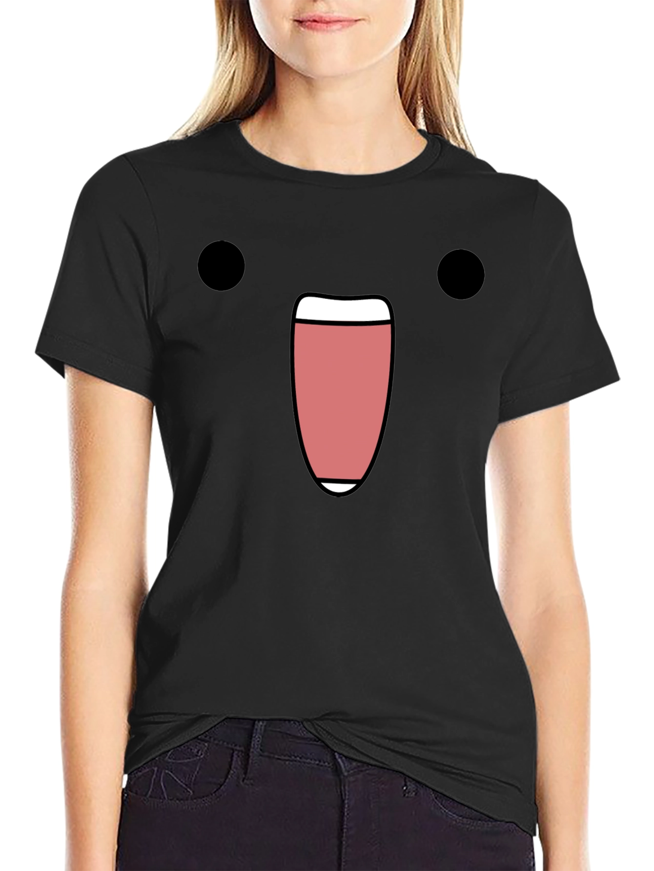 Black Funny Black T-Shirt with Cartoon Face Design view 2