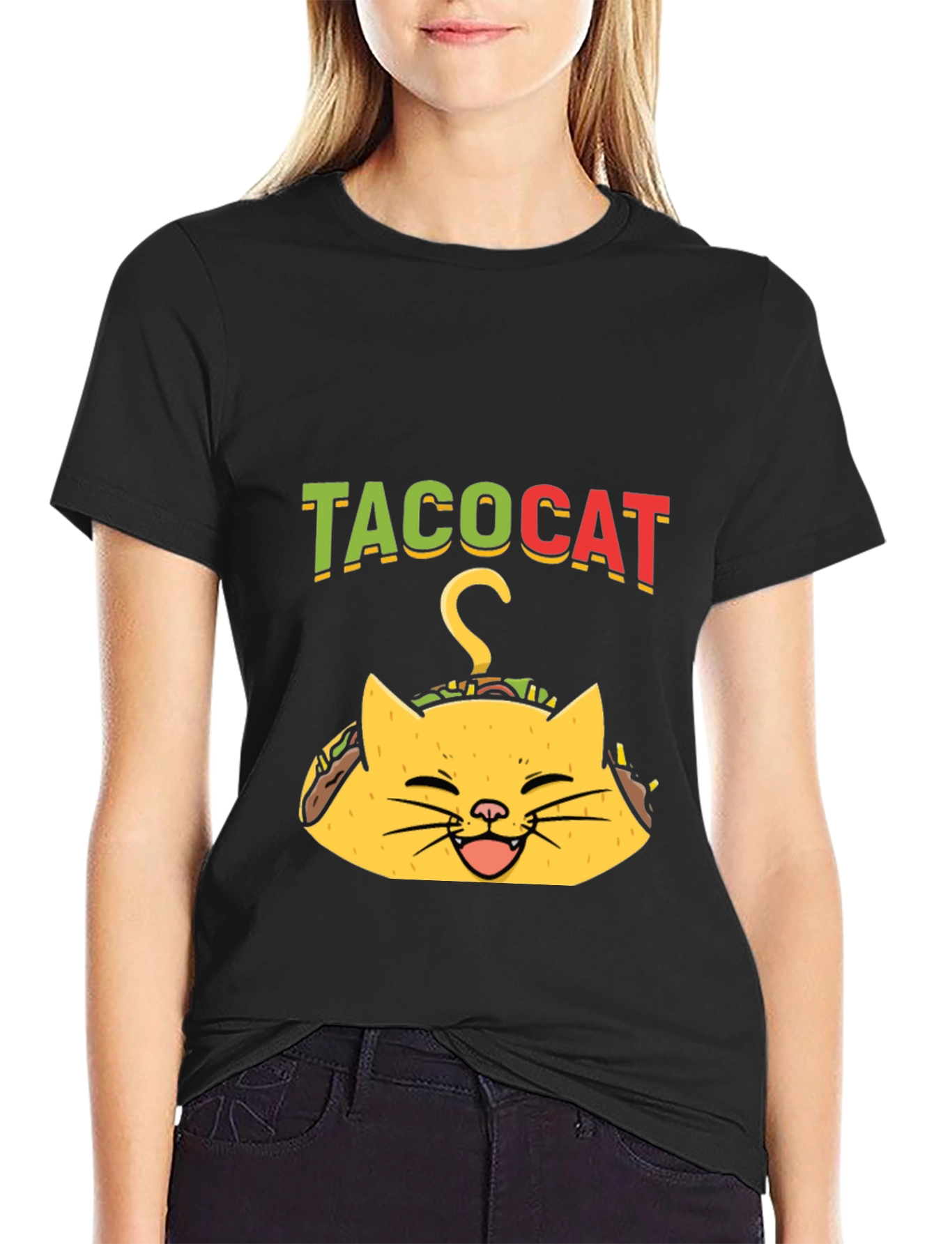 Black Taco Cat Graphic Tee - Funny Black T-Shirt view 2