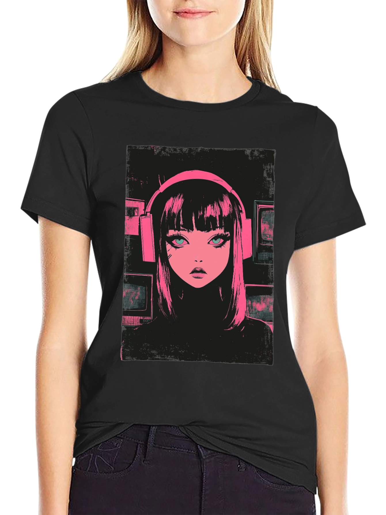 Black Anime Girl Pink Headphones Black T-Shirt view 2