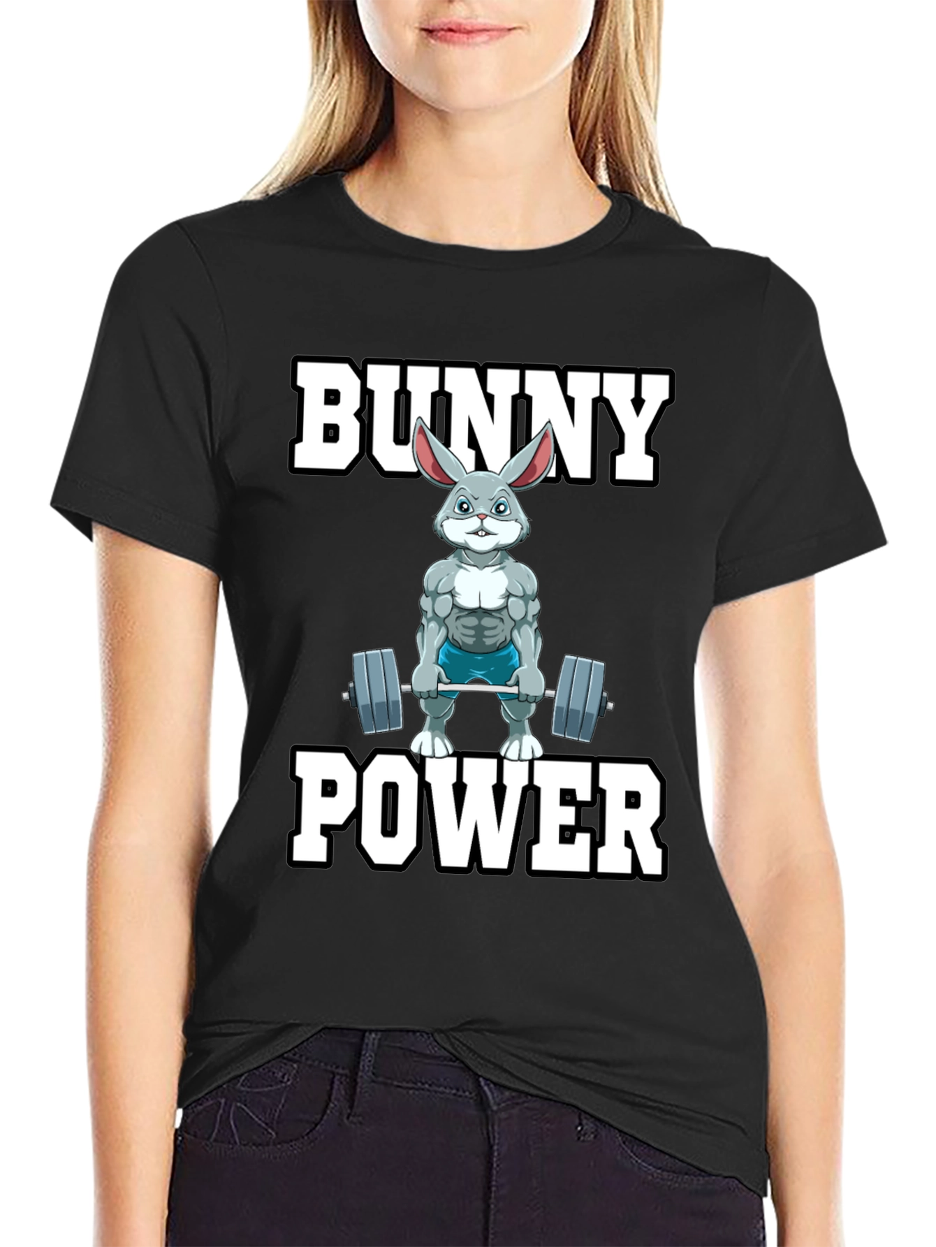 Black Bunny Power T-Shirt - Weightlifting Rabbit Gym Tee view 2